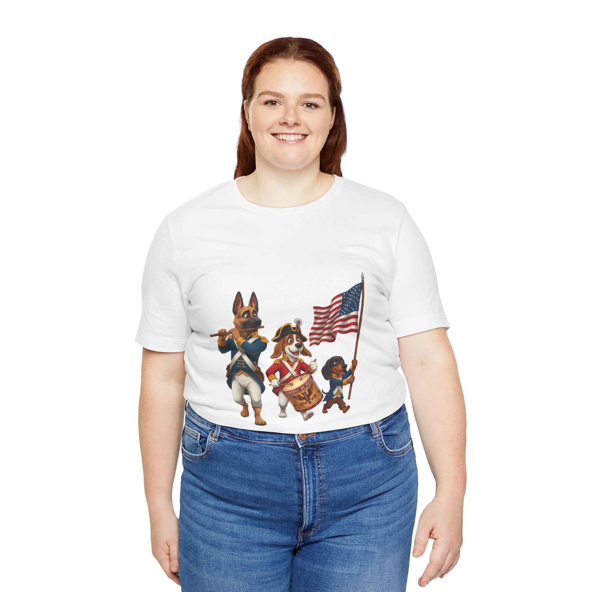Patriotic Dogs Marching Tee — American Flag Drum & Fife Graphic T-Shirt