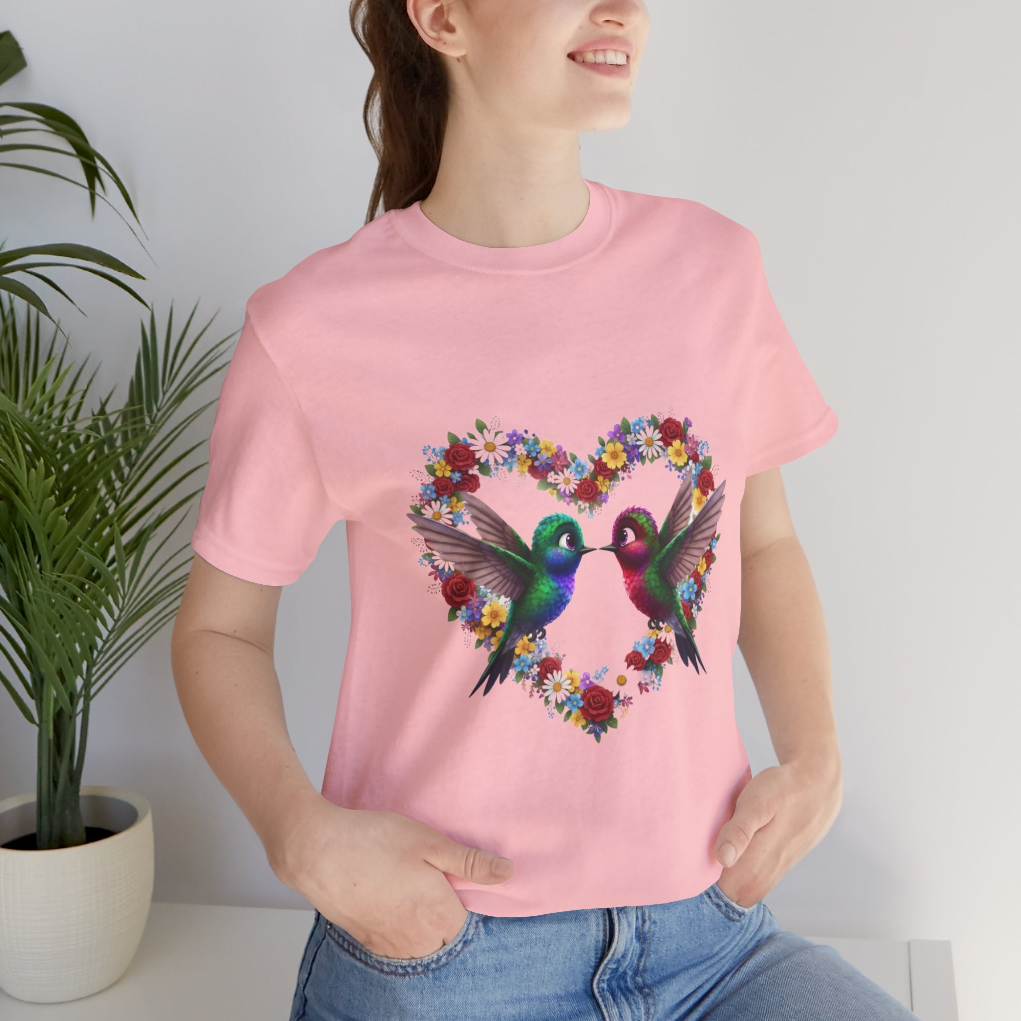 Hummingbird Heart Tee — Floral Love Birds Short Sleeve Shirt