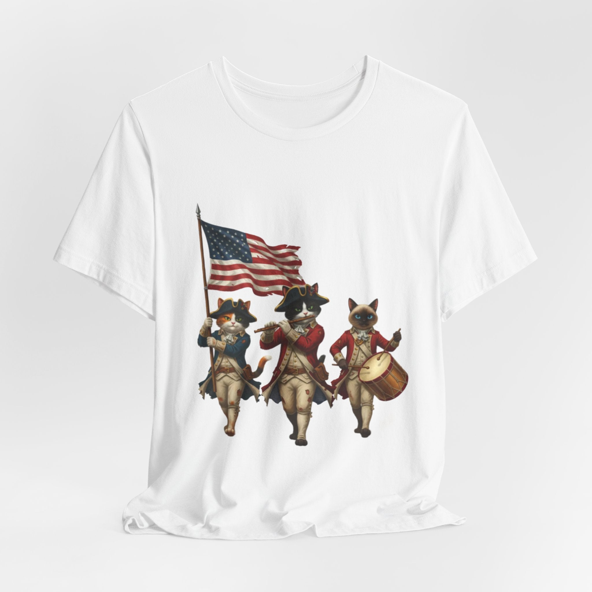 Patriotic Cats Playing Fife & Drum T-Shirt — Vintage Americana Fourth of July Tee