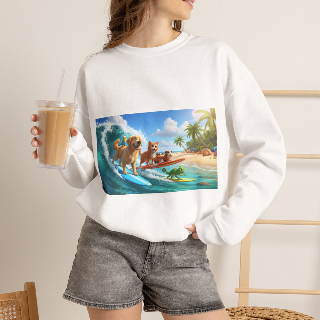Surfing Dogs Crewneck Sweatshirt – Beach Puppy Wave Graphic
