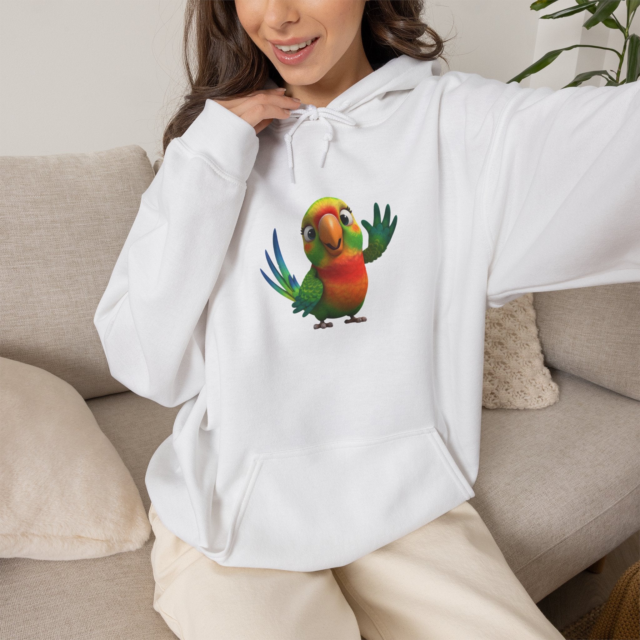 Colorful Parrot Hoodie — Cute Waving Bird Graphic Pullover