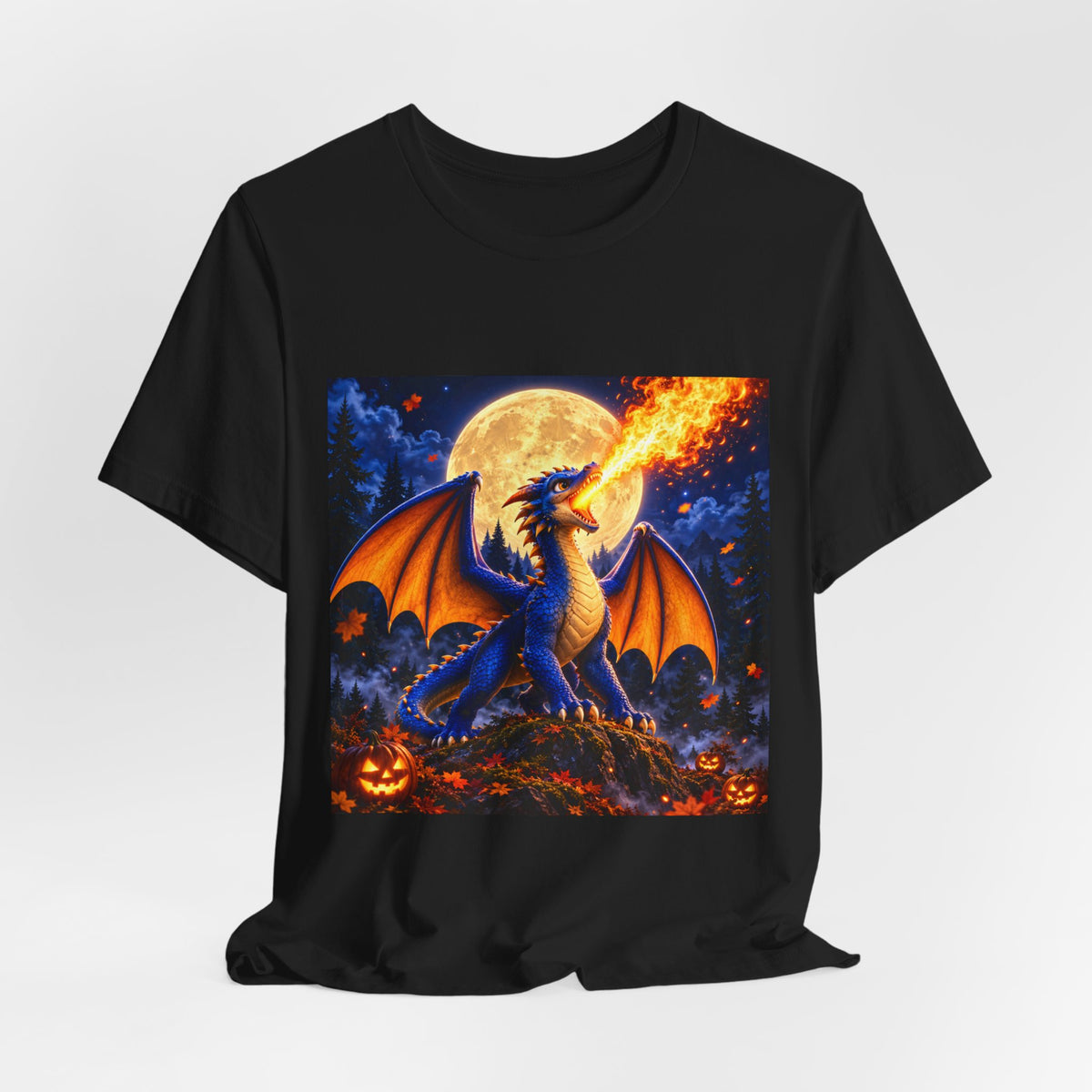 Dragon Fire Tee — Halloween Dragon T-Shirt with Full Moon & Pumpkins