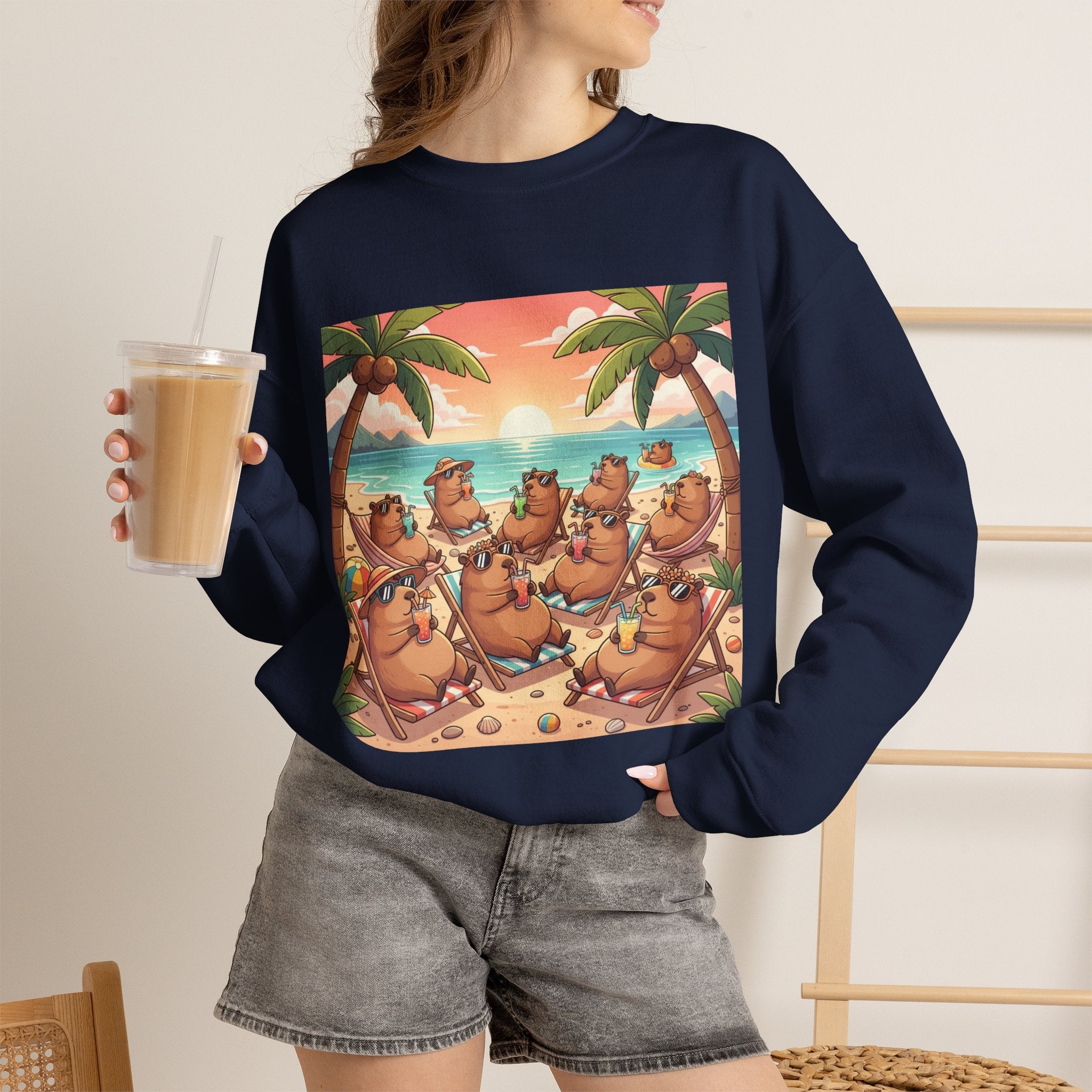 Capybaras on the Beach Sweatshirt — Tropical Beach Party Crewneck