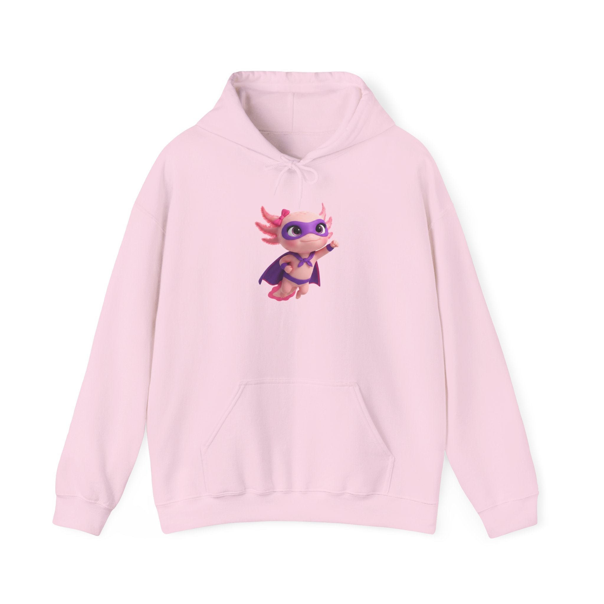 Axolotl Superhero Girl Hoodie — Cute Pink Axolotl with Cape Sweatshirt
