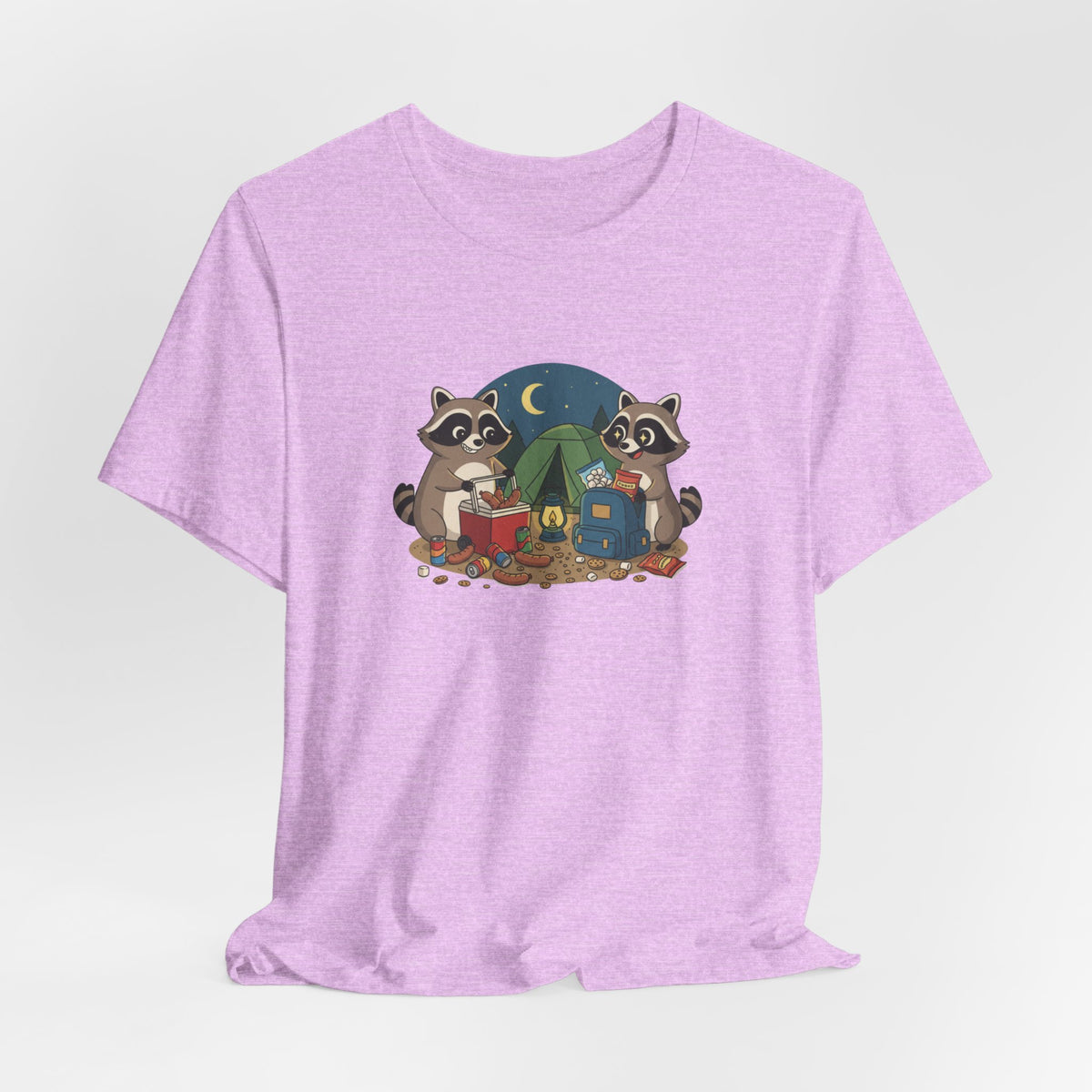 Camping Raccoons Graphic Tee – Cute Nighttime Tent & Marshmallow Illustration