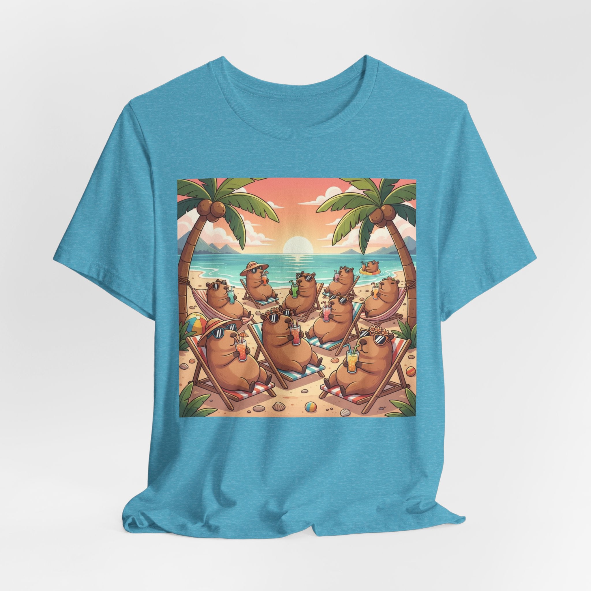 Capybaras on the Beach T-Shirt — Cute Sunset Palm Beachwear