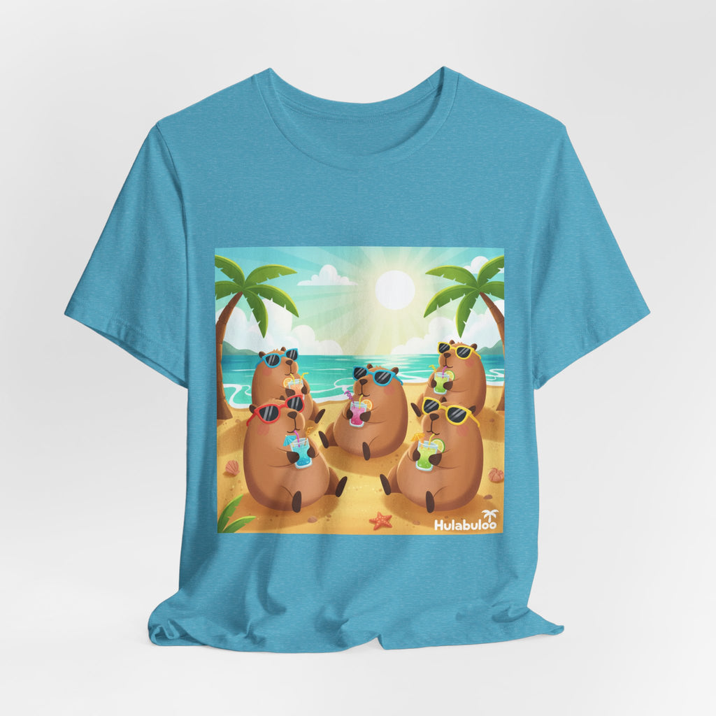 Capybara at the Beach Crew T‑Shirt — Cute Capybaras Sipping Cocktails Summer Tee