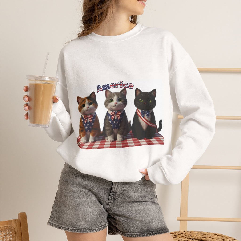 Patriotic Cats Crewneck Sweatshirt – Americana Kittens on Picnic Blanket
