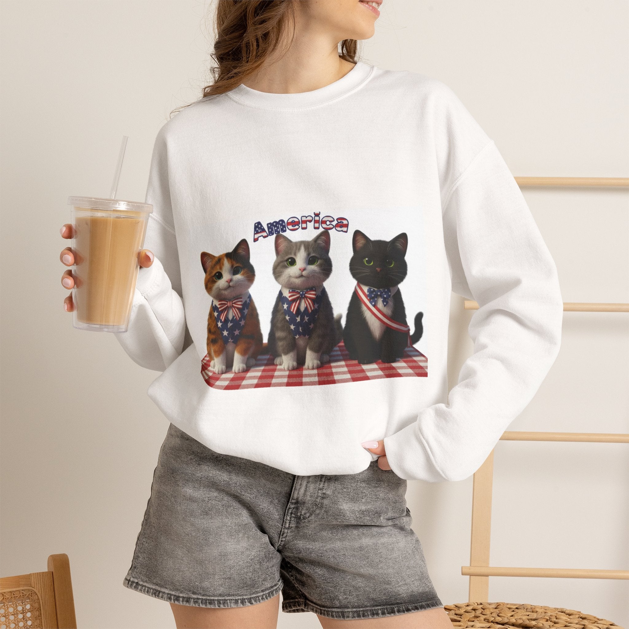 Patriotic Cats Crewneck Sweatshirt – Americana Kittens on Picnic Blanket