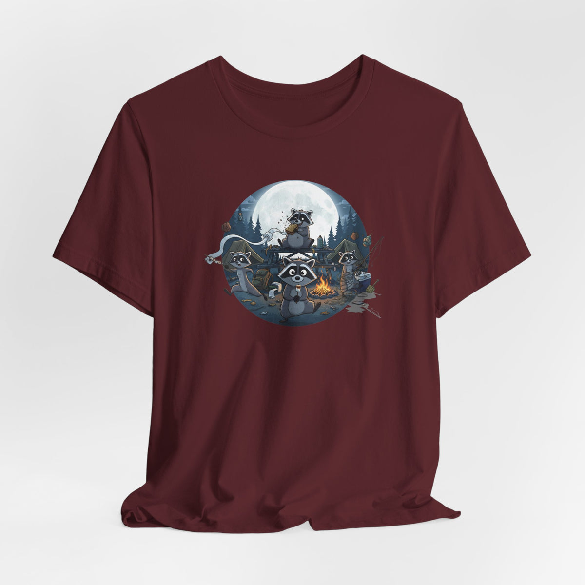 Moonlit Raccoon Camp Raiders Tee — Night Adventure Wildlife T-Shirt