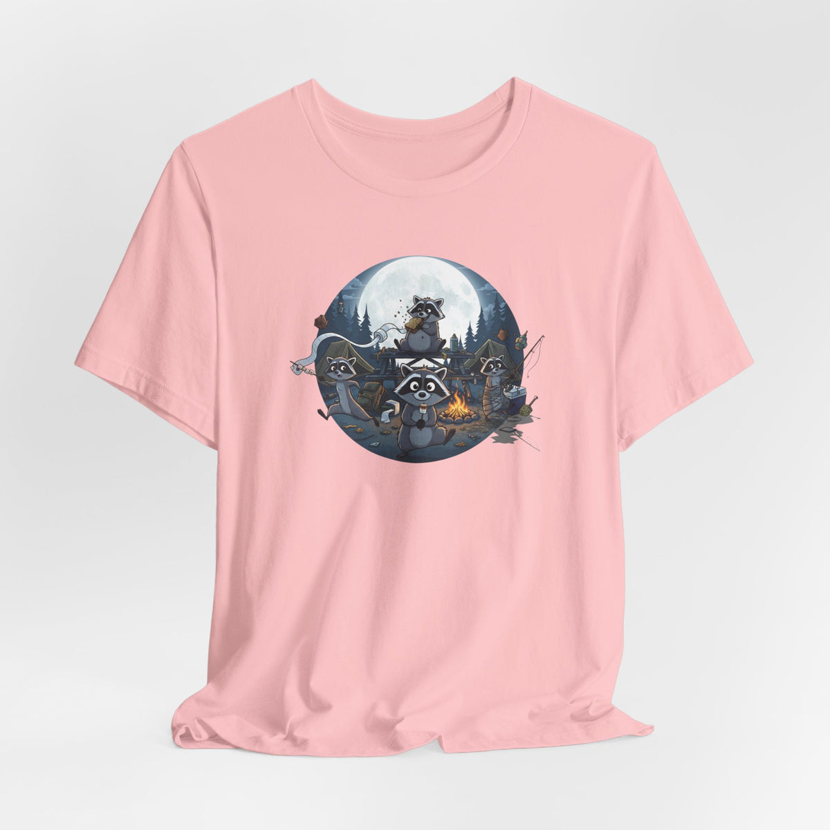 Moonlit Raccoon Camp Raiders Tee — Night Adventure Wildlife T-Shirt