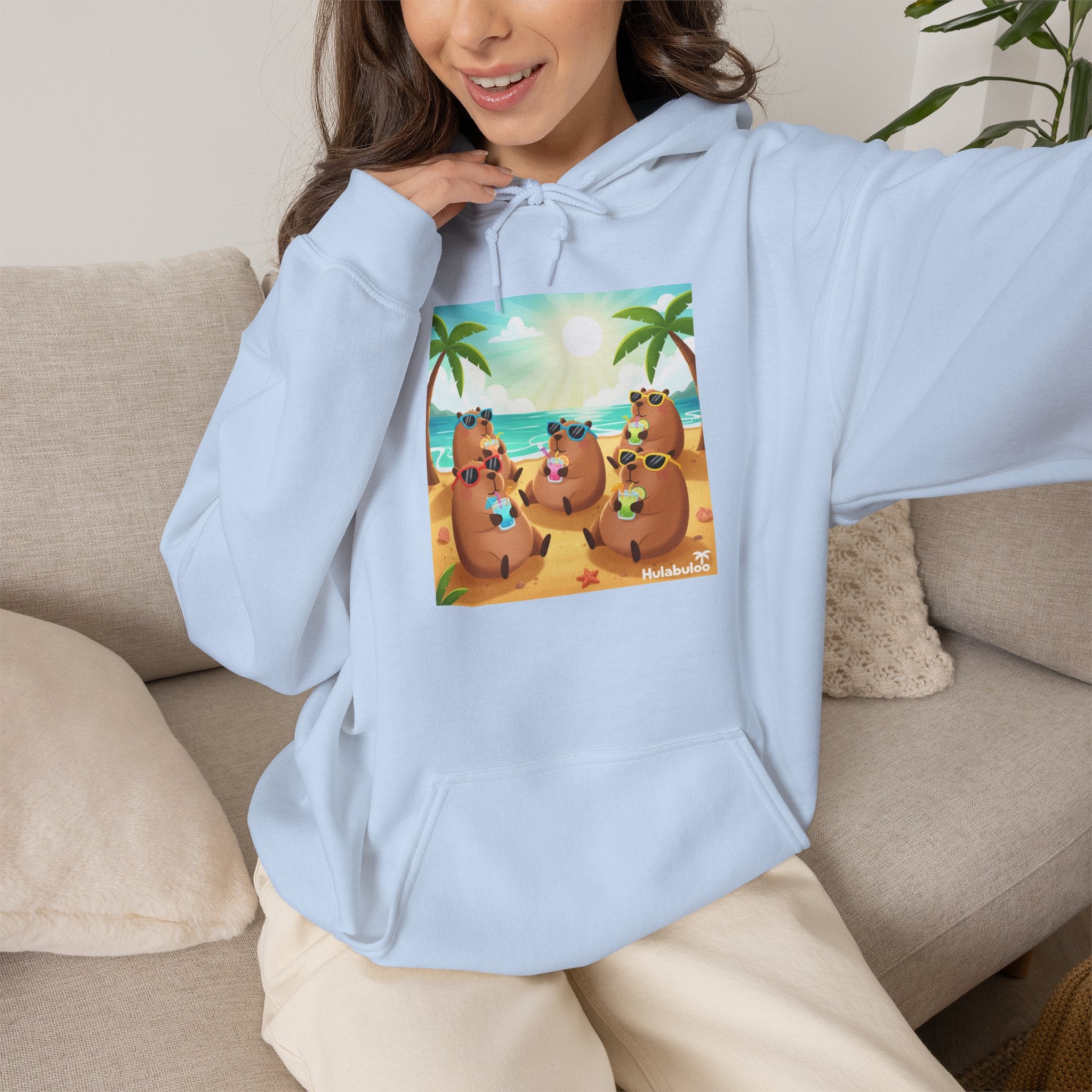 Capybaras at the Beach Hoodie — Cute Palm Tree Vacation Pullover