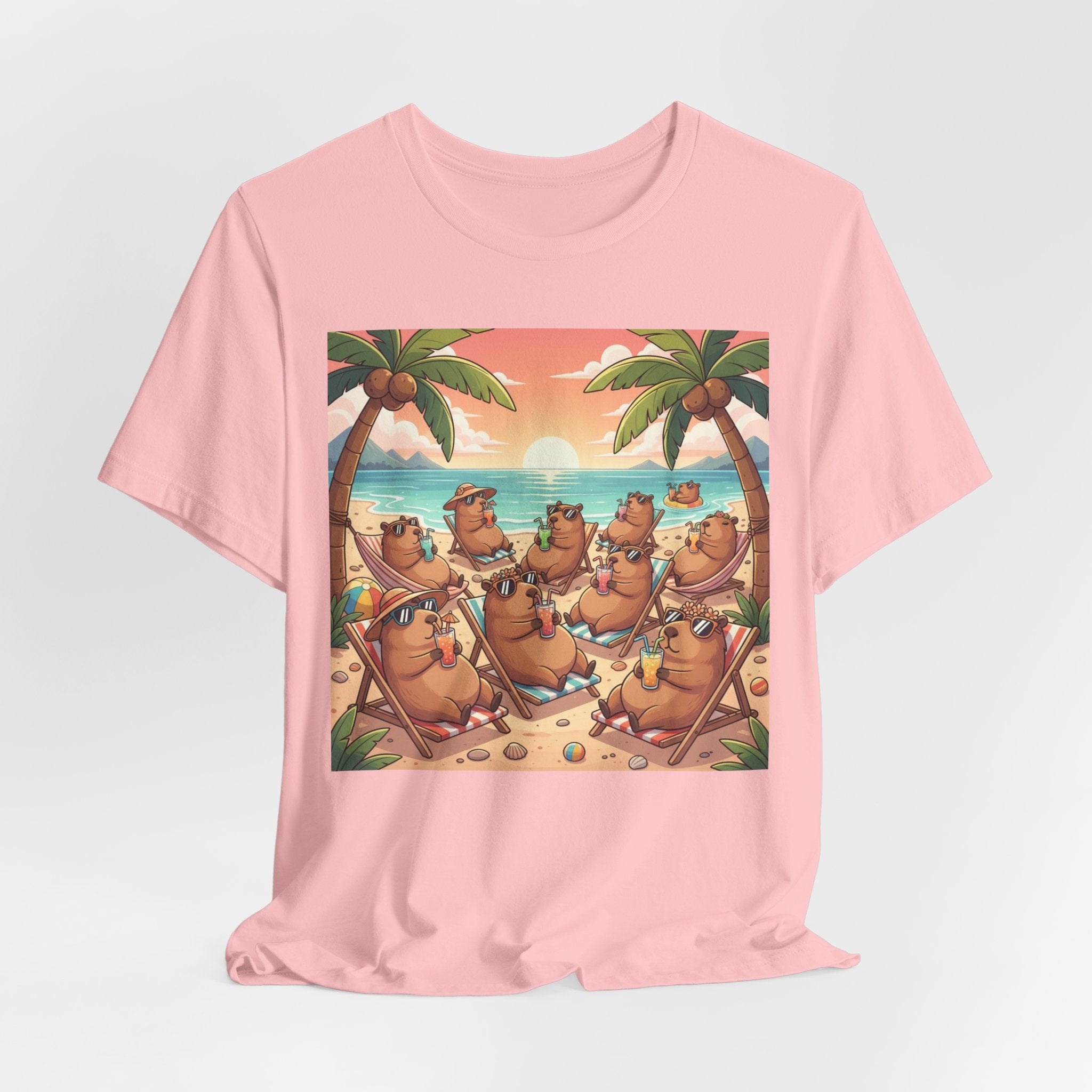 Capybaras on the Beach T-Shirt — Cute Sunset Palm Beachwear