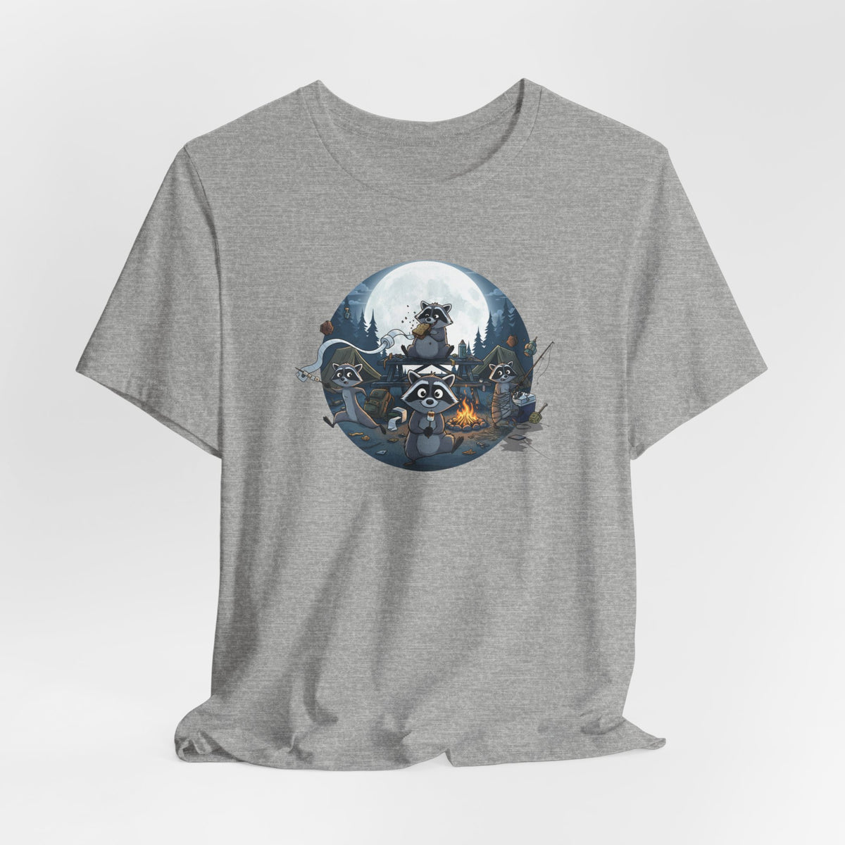 Moonlit Raccoon Camp Raiders Tee — Night Adventure Wildlife T-Shirt
