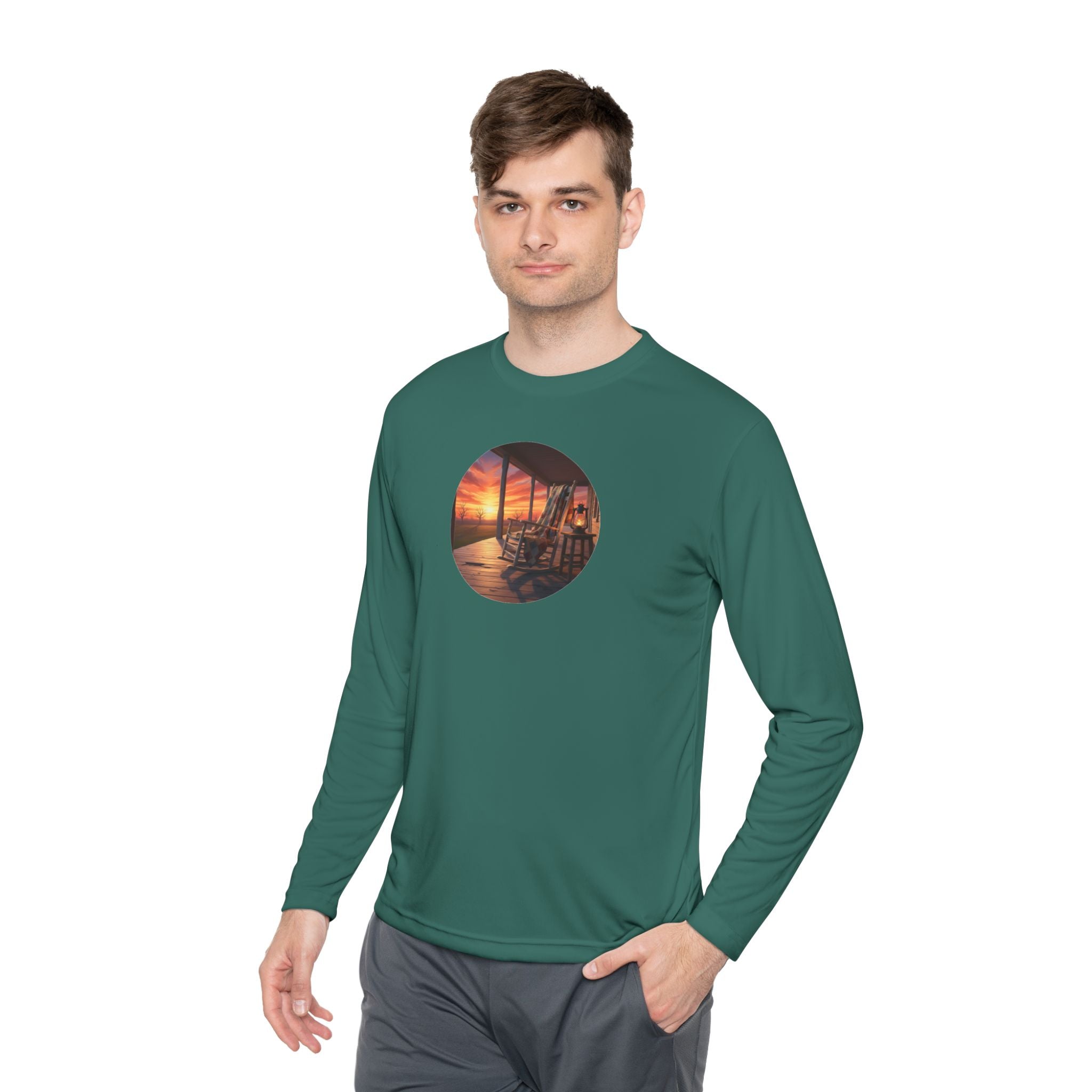 Sunset Porch Long Sleeve Tee — Coastal Beach Vibes Sunset Circle Graphic