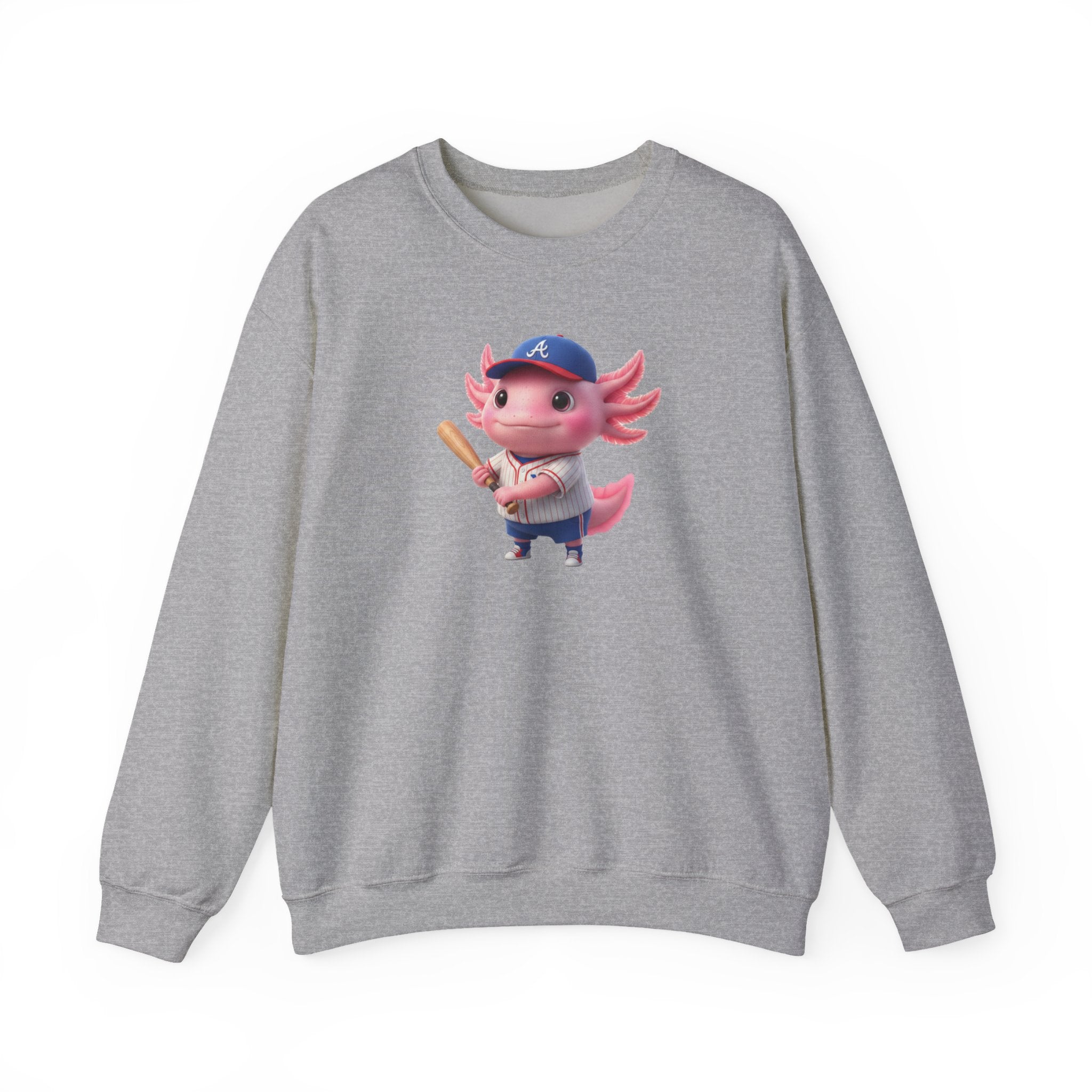 Axolotl Baseball Boy Crewneck Sweatshirt — Cute Axolotl Baseball Player Graphic