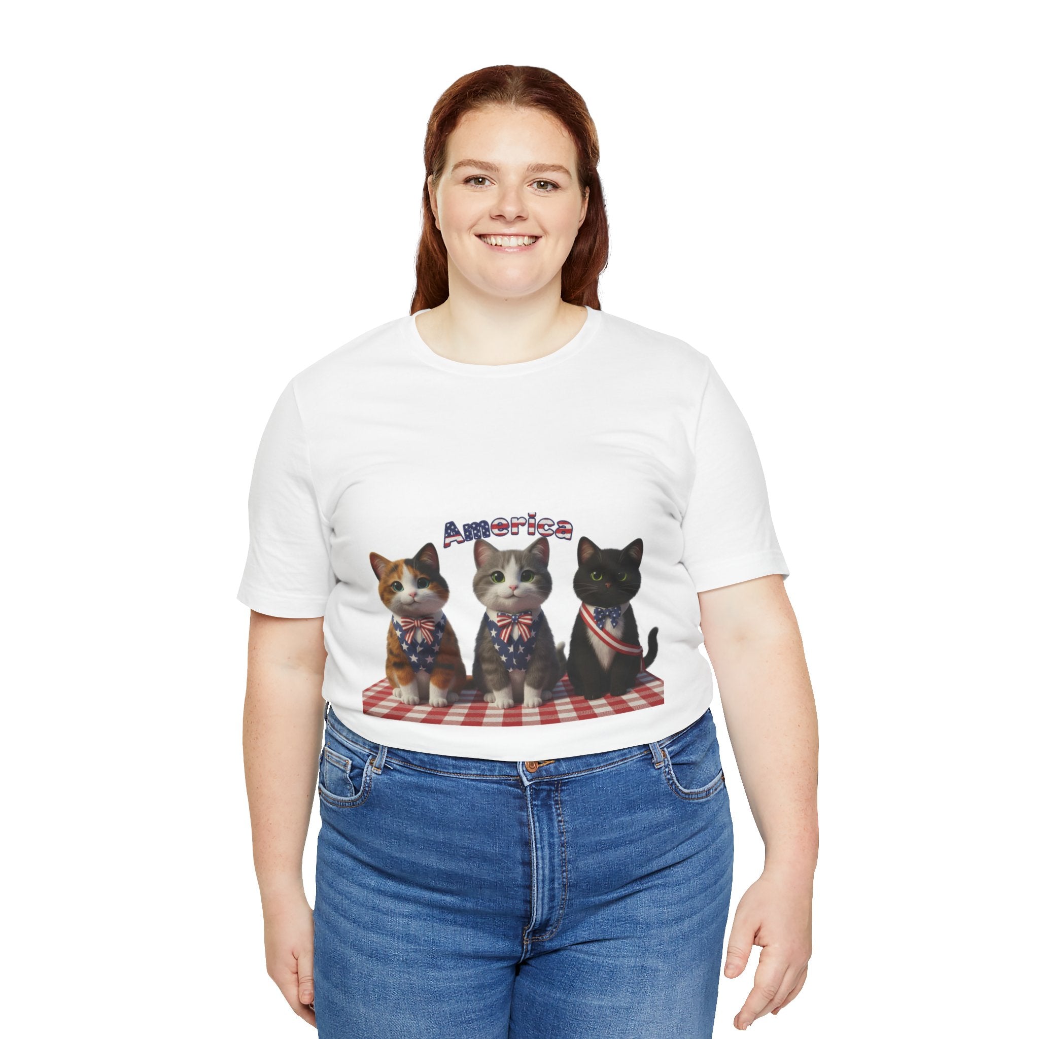Patriotic Cats T‑Shirt – 'America' Kittens on Picnic Plaid
