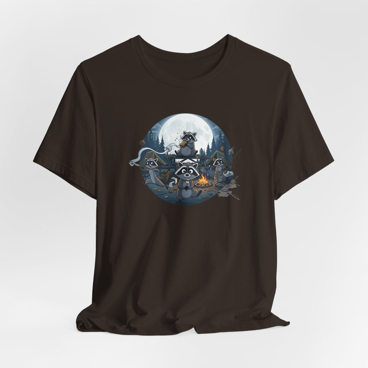 Moonlit Raccoon Camp Raiders Tee — Night Adventure Wildlife T-Shirt