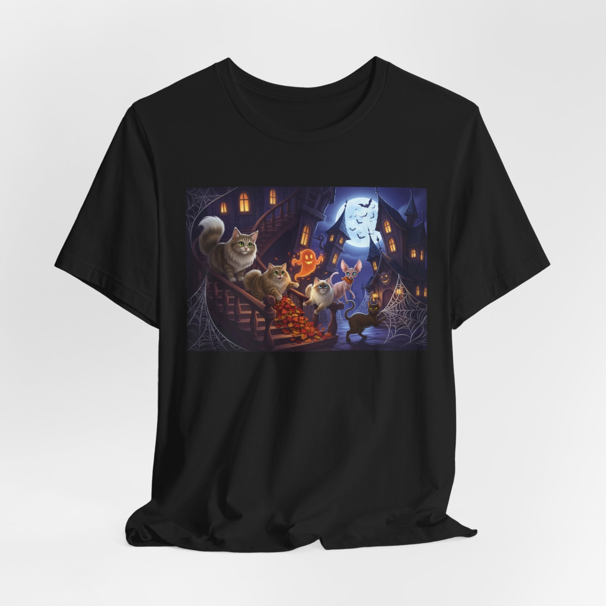 Cats Halloween Ghost & Cats Tee — Trick-or-Treat Night Graphic T-Shirt