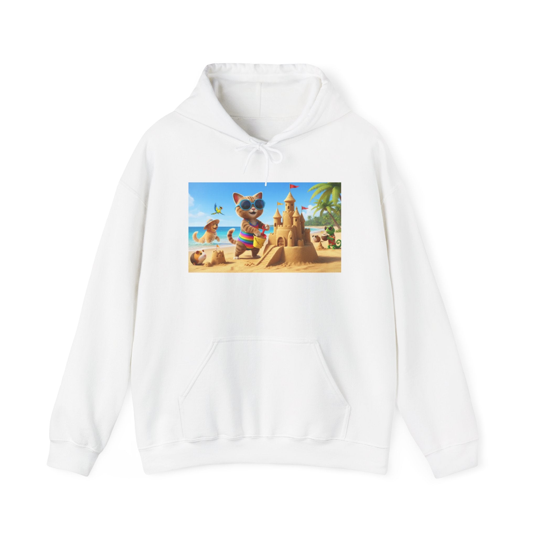 Beach Cat Sandcastle Hoodie — Cute Summer Cat Graphic Sweatshirt