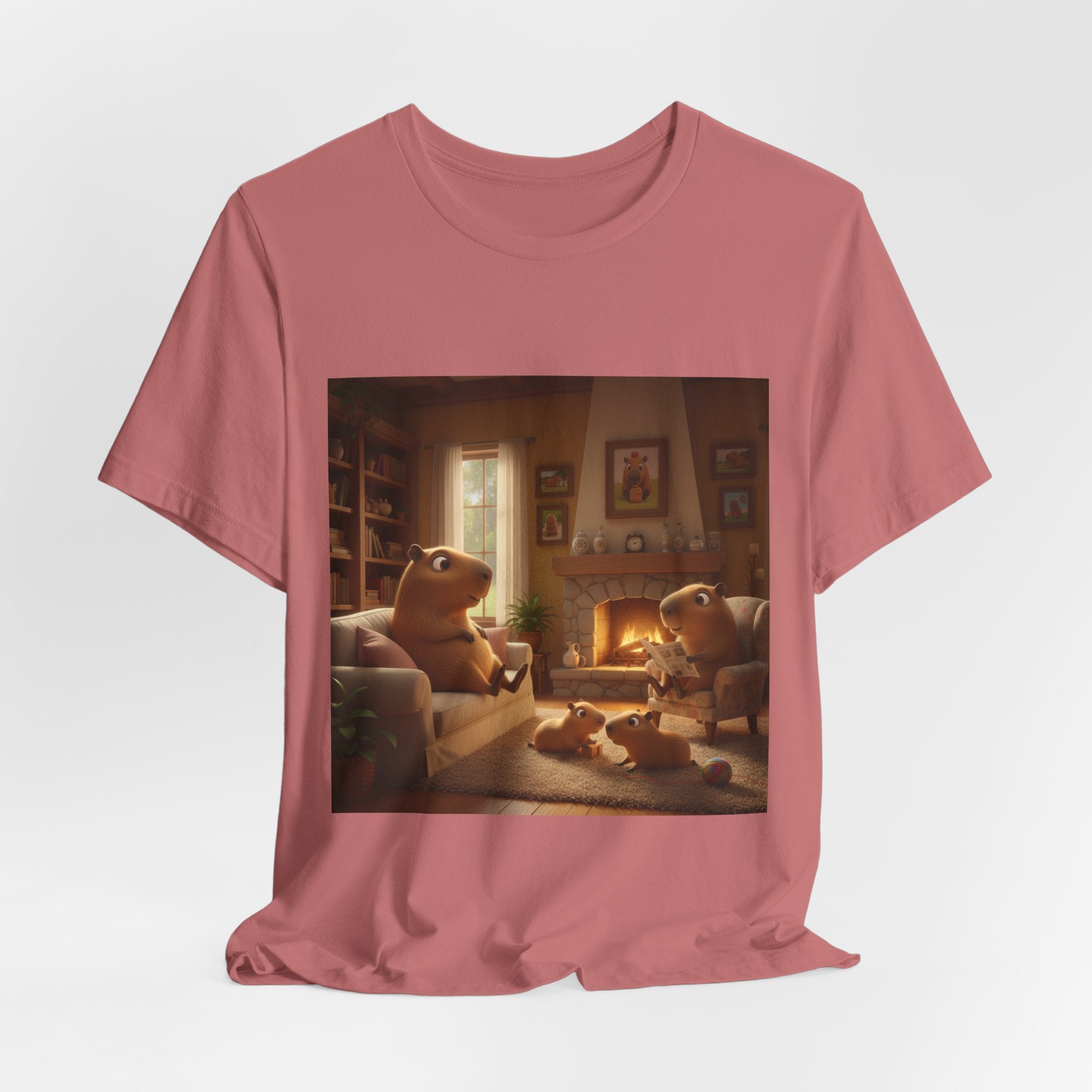 Capybara Family T‑Shirt — Warm Fireplace Family Home Scene Tee