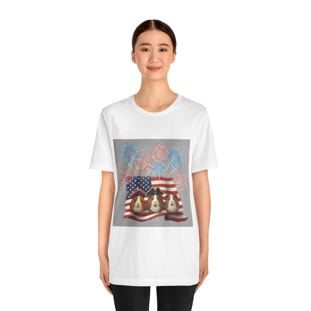 Patriotic Guinea Pig Tee – USA Flag, Fireworks & 3 Cute Guinea Pigs