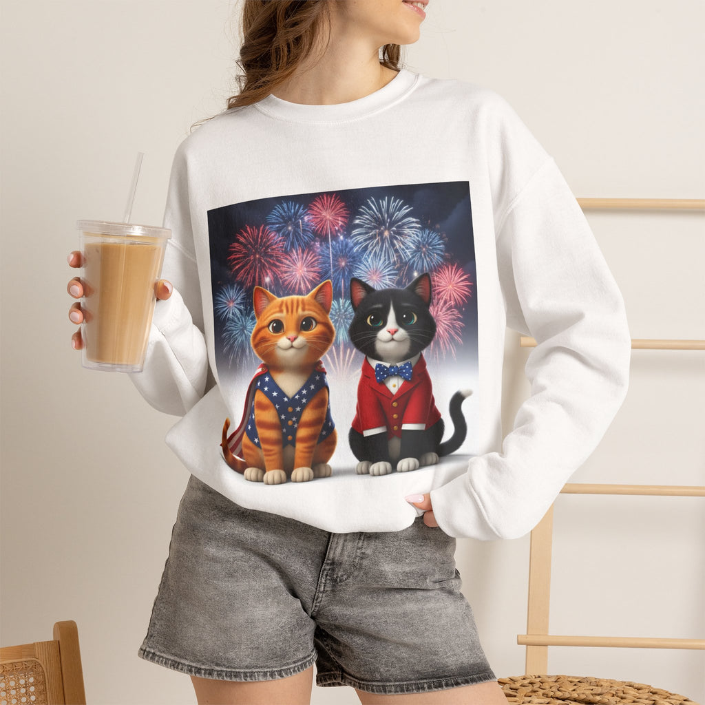 Patriotic Cats Sweatshirt — Two Kittens with Fireworks 4th of July Crewneck