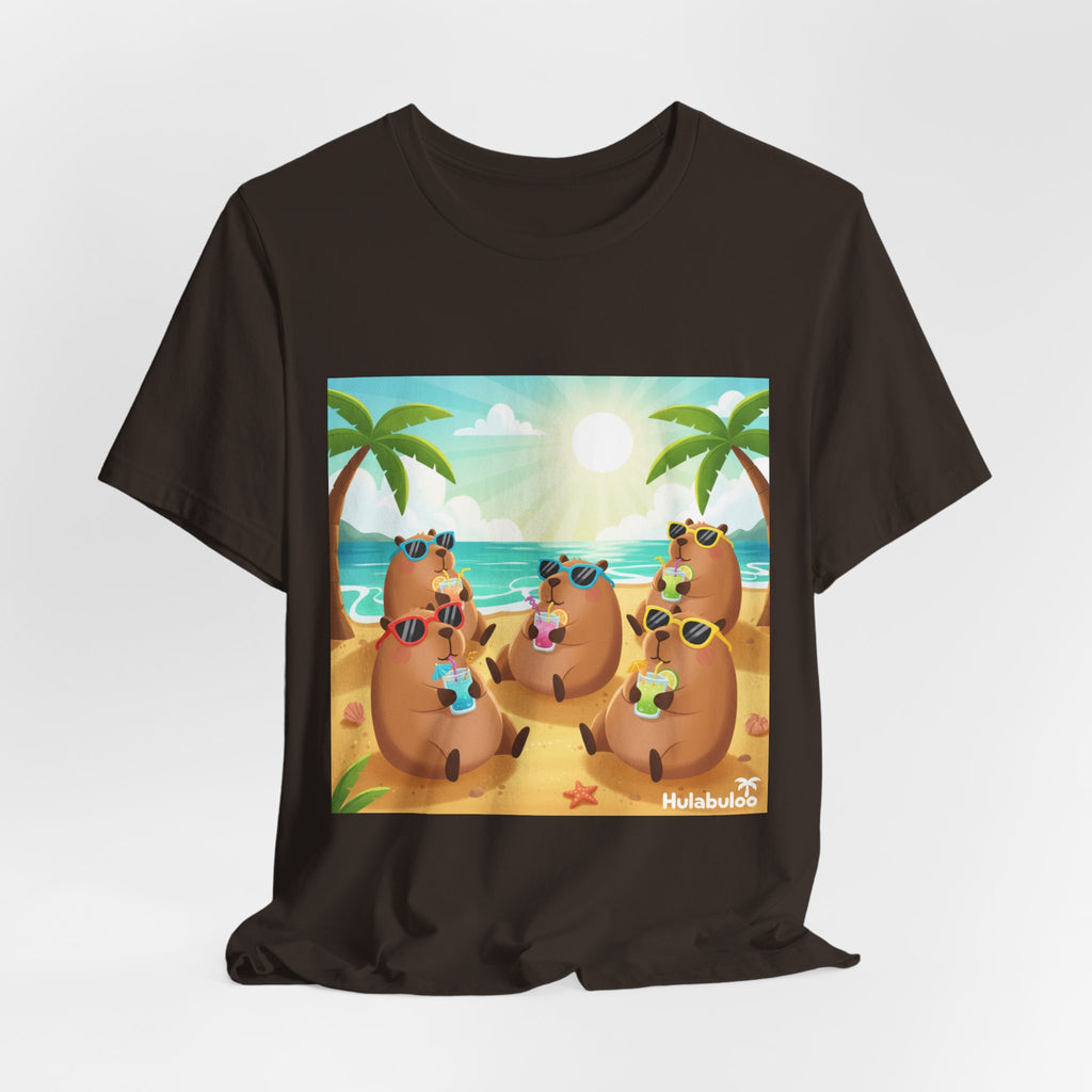 Capybara at the Beach Crew T‑Shirt — Cute Capybaras Sipping Cocktails Summer Tee
