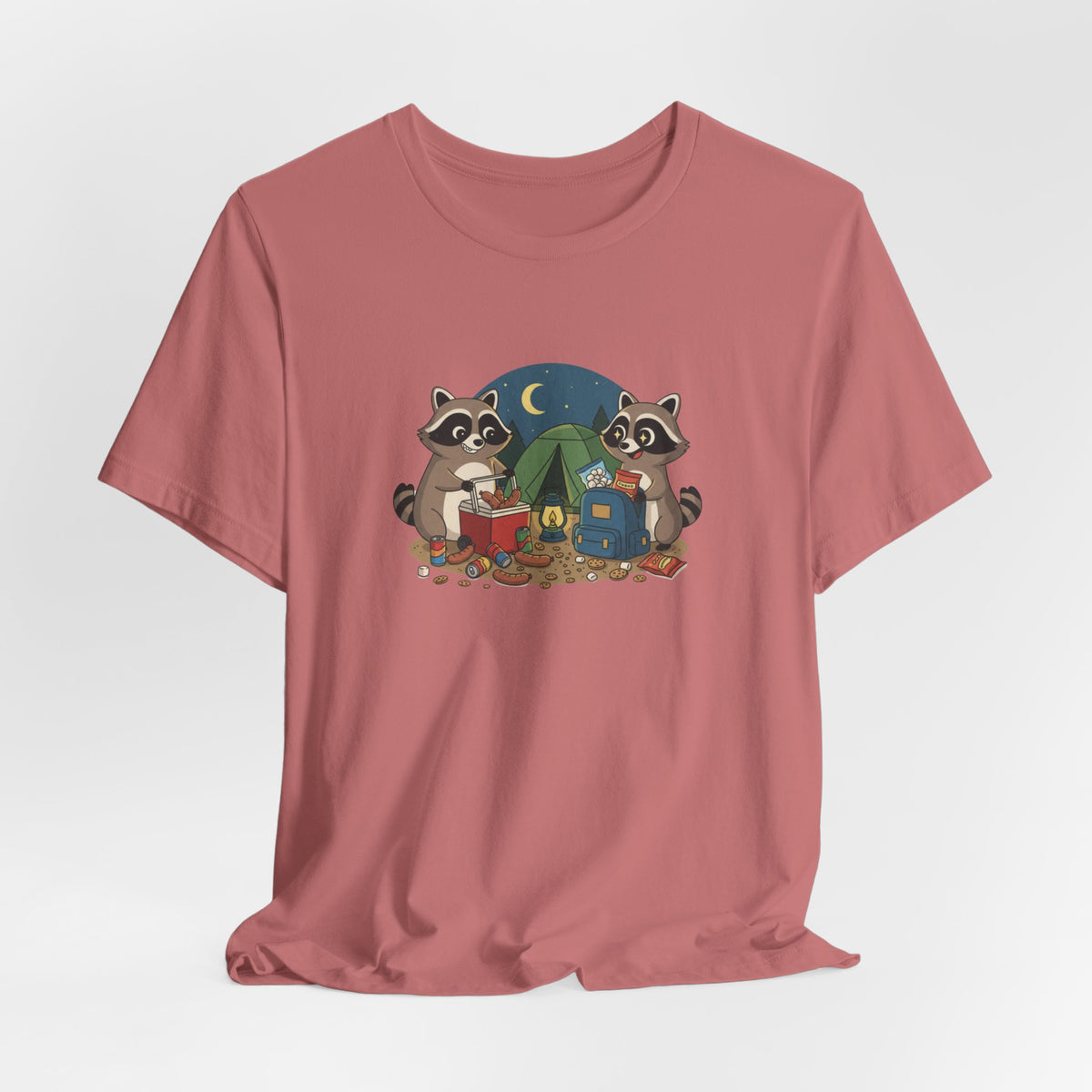 Camping Raccoons Graphic Tee – Cute Nighttime Tent & Marshmallow Illustration