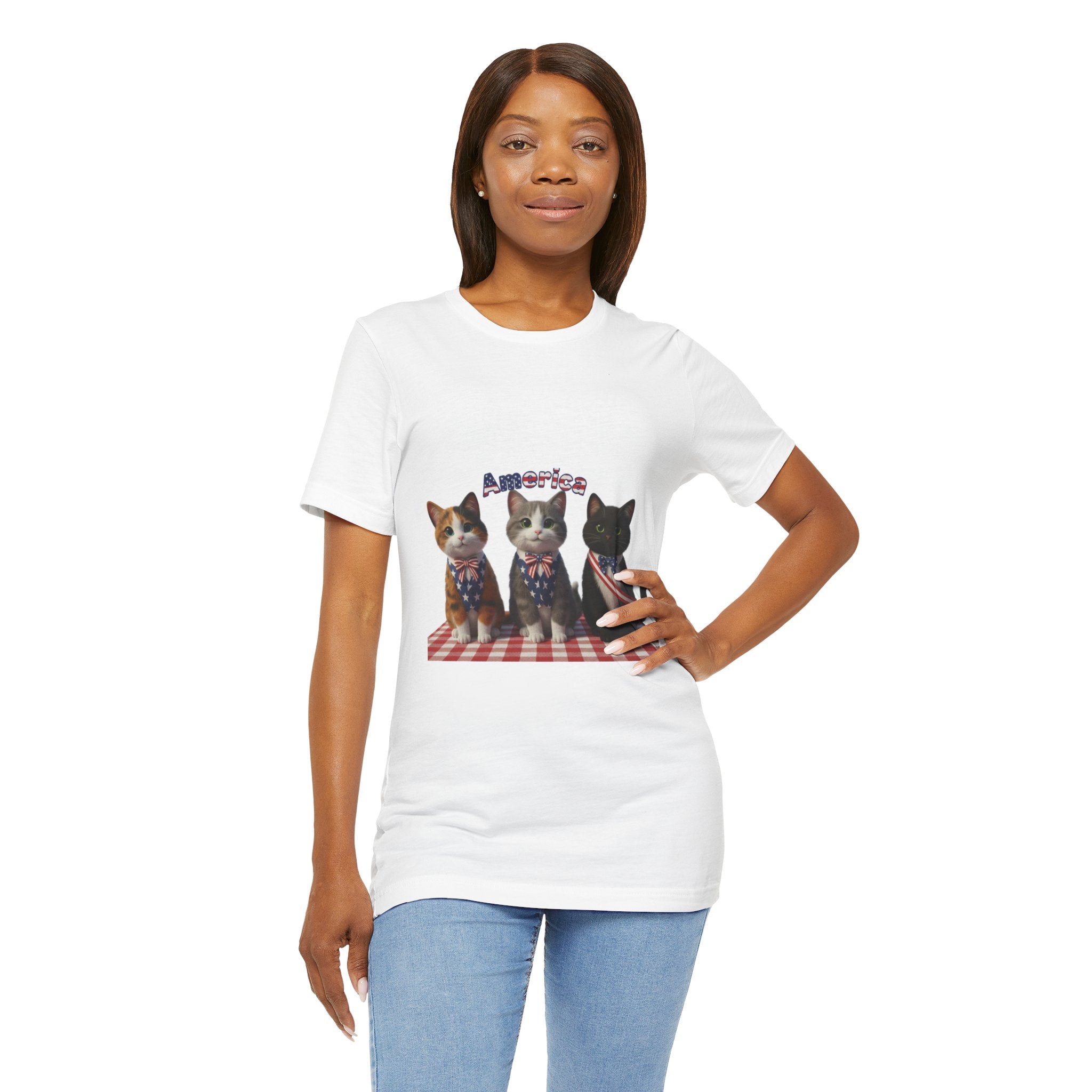 Patriotic Cats T‑Shirt – 'America' Kittens on Picnic Plaid