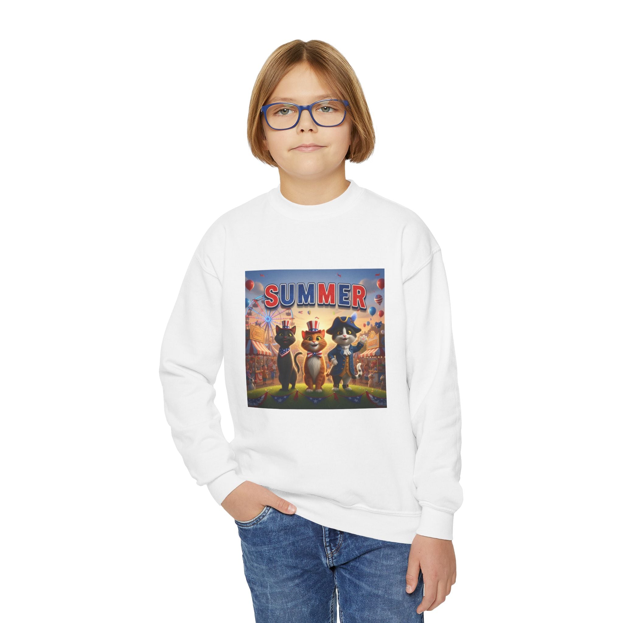 Kitties Youth Crewneck Sweatshirt – Retro 'Summer' Cartoon Kitty Graphic
