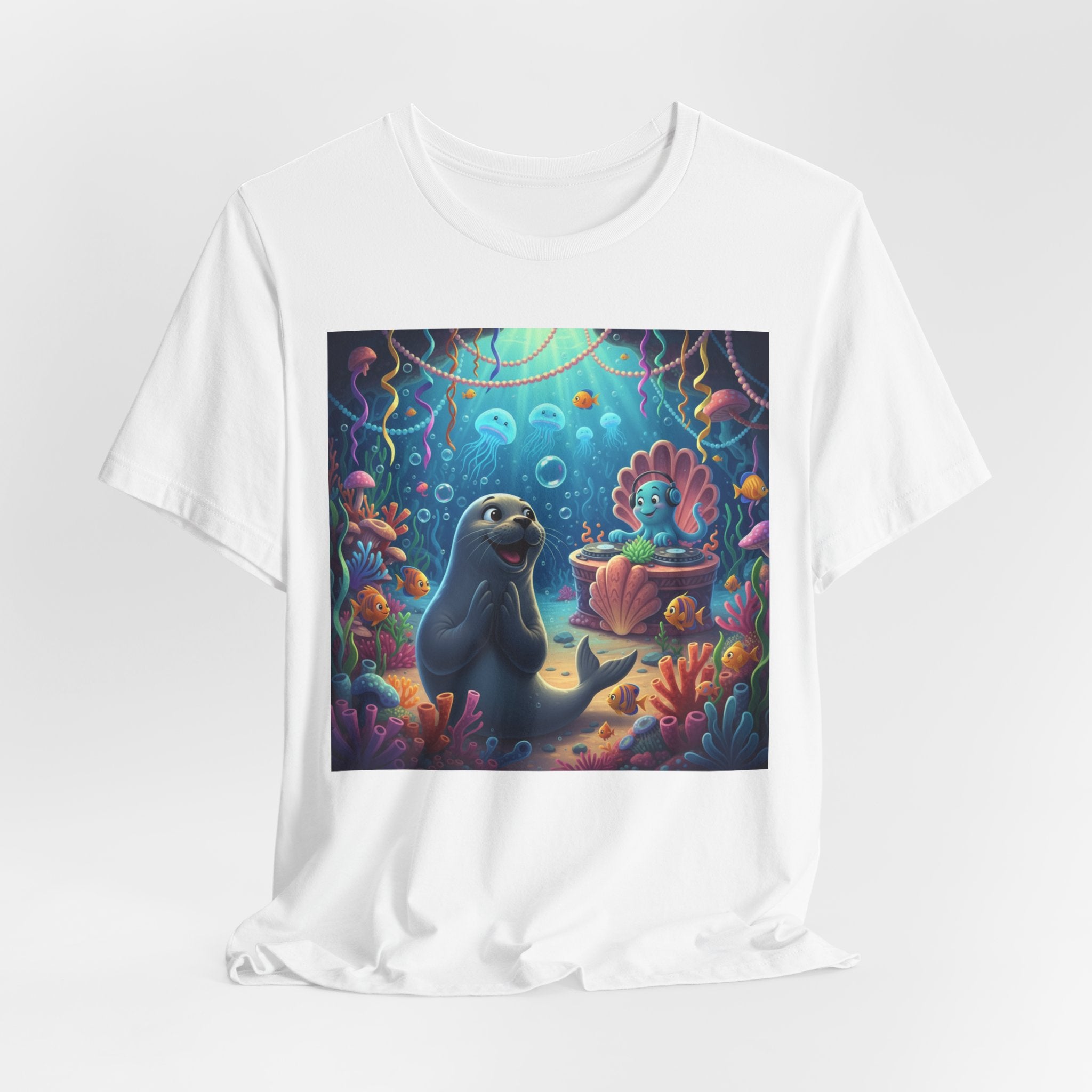 Sea Friends Graphic Tee — Playful Underwater Seal & Mermaid Design