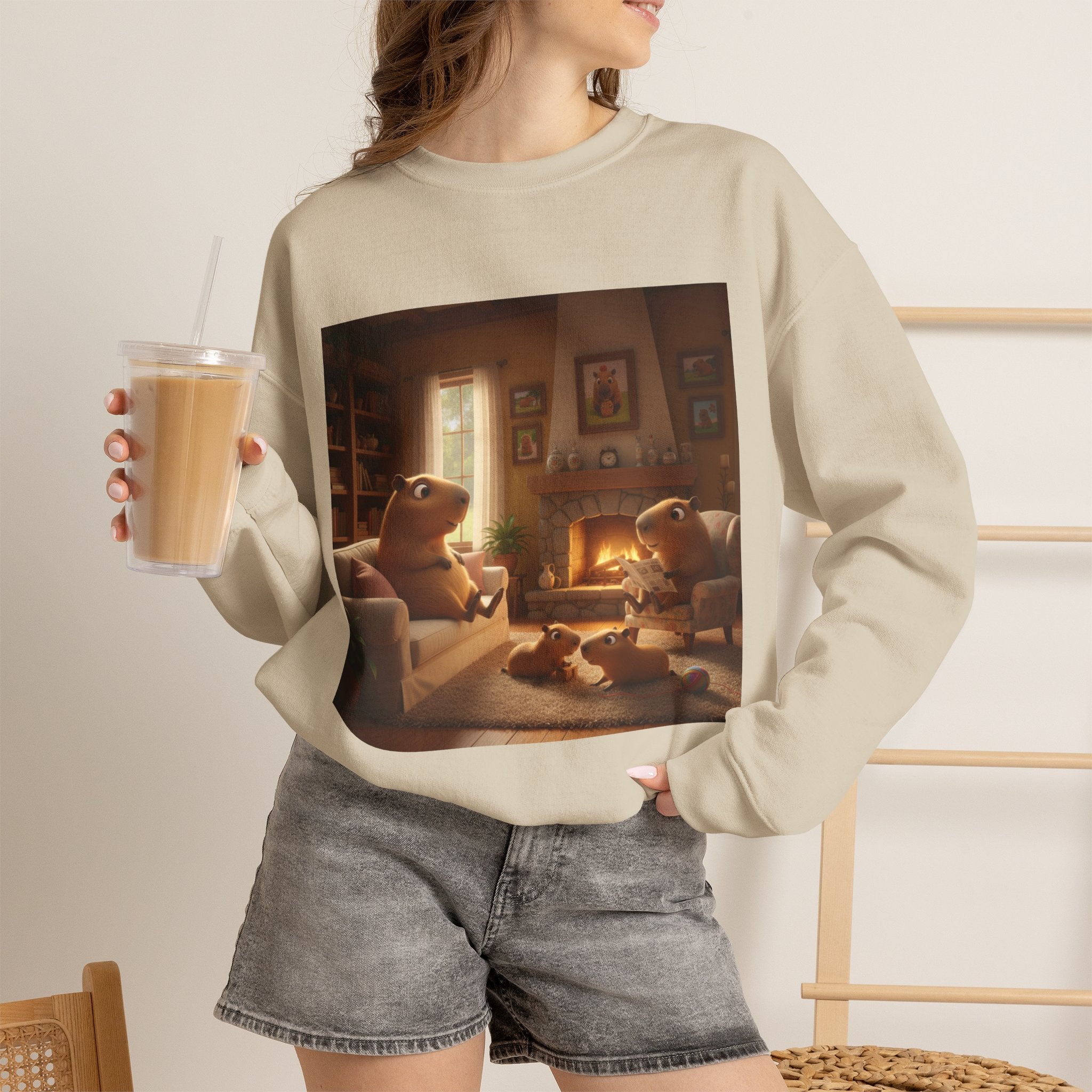 Capybara Family Fireplace Sweatshirt – Cute Night Crewneck