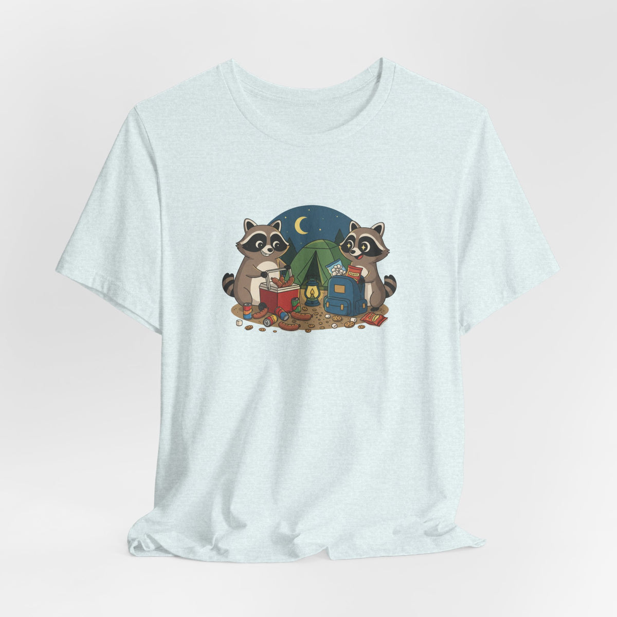 Camping Raccoons Graphic Tee – Cute Nighttime Tent & Marshmallow Illustration