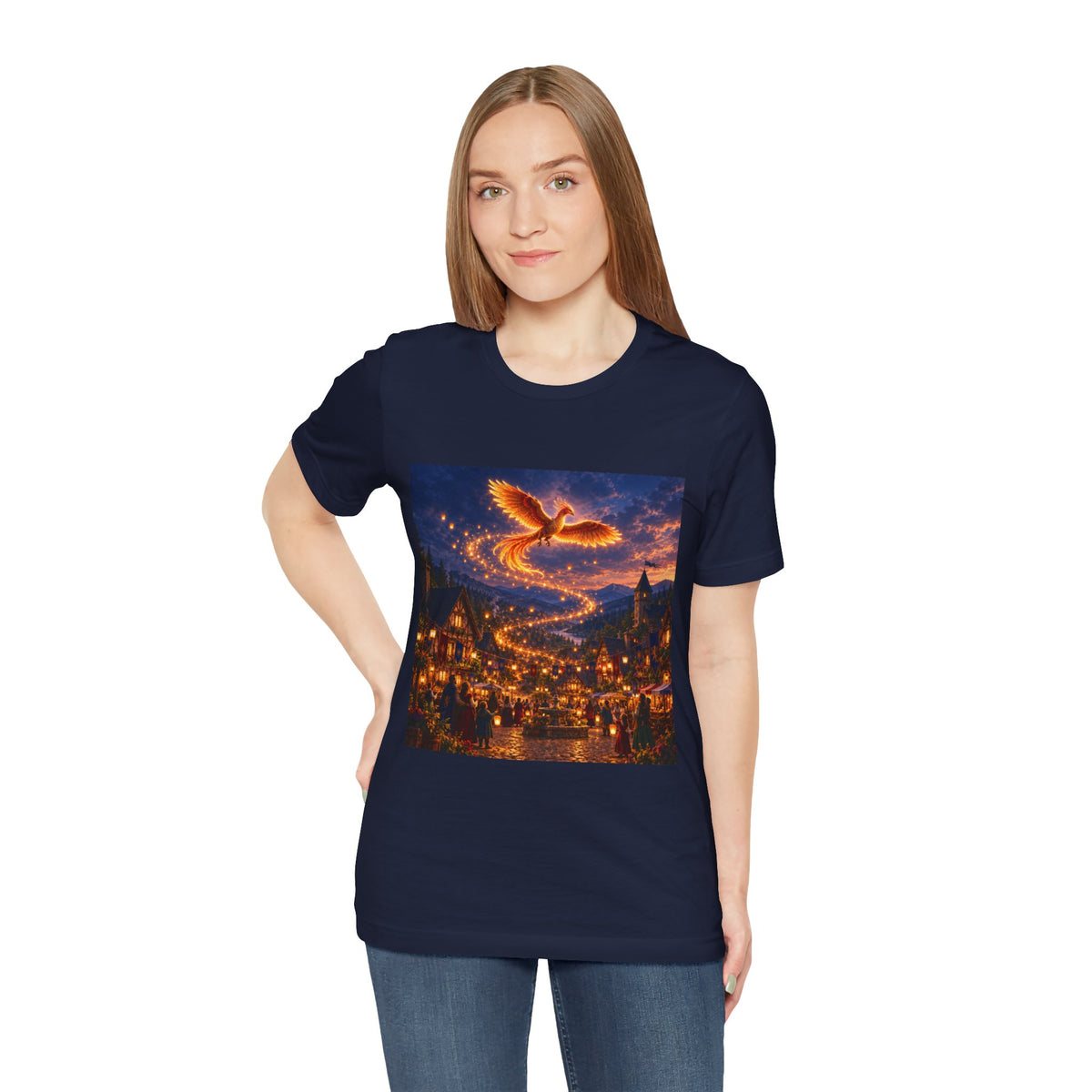 Phoenix Nightscape T-Shirt — Magical Flaming Bird Over Lit Village