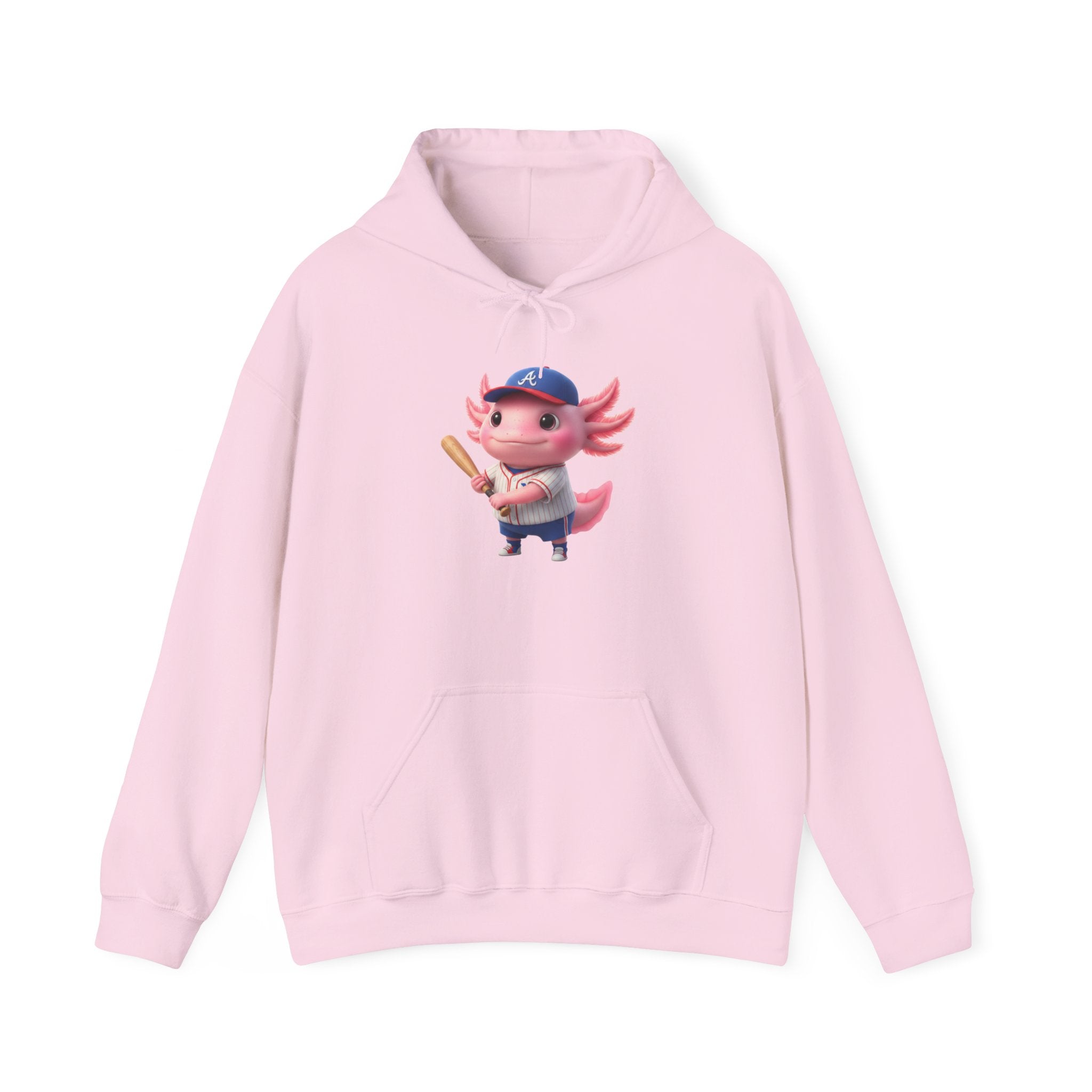 Axolotl Baseball Boy Hoodie — Cute Pink Axolotl Holding Bat Pullover