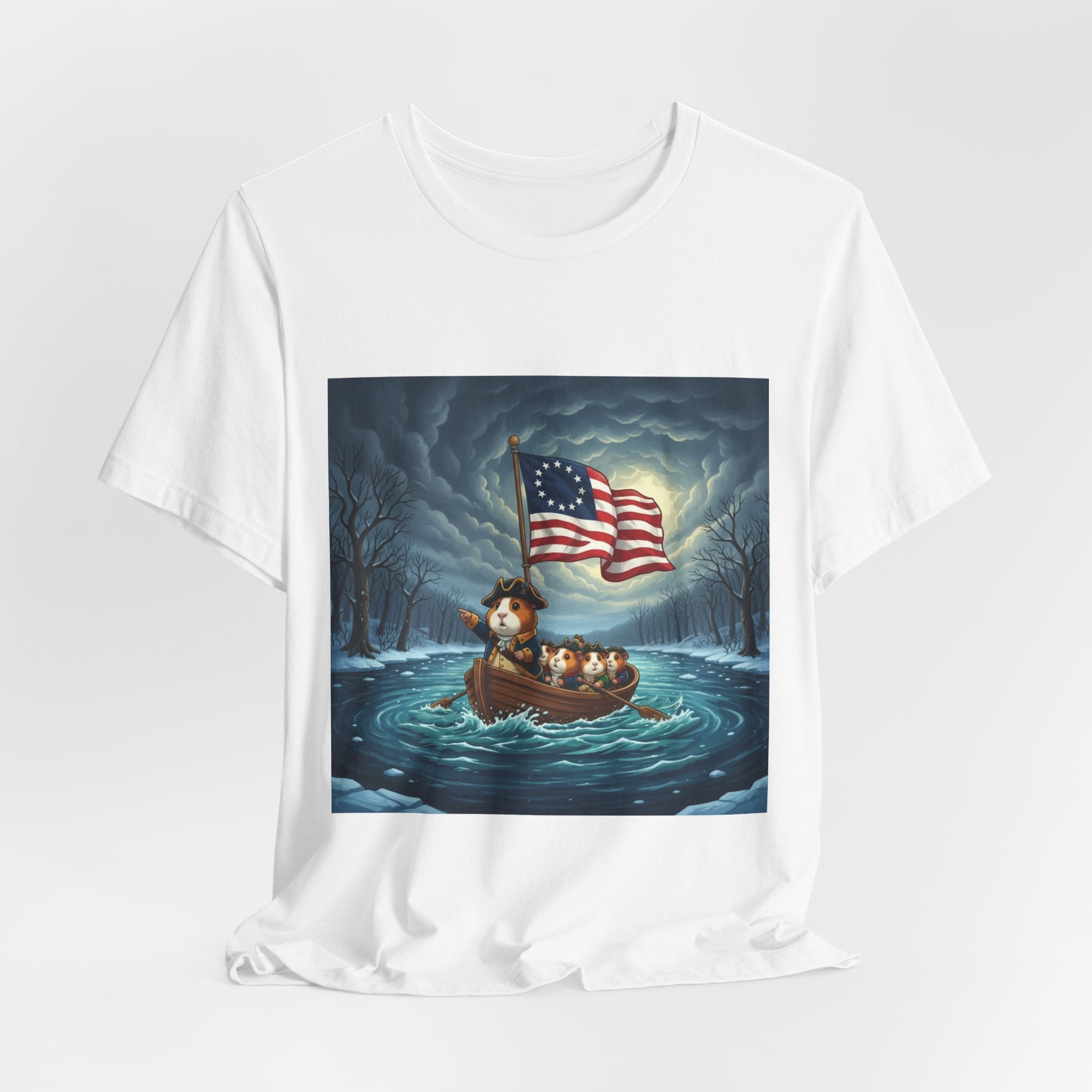 T-Shirt — Patriotic Boat Scene with Vintage American Flag
