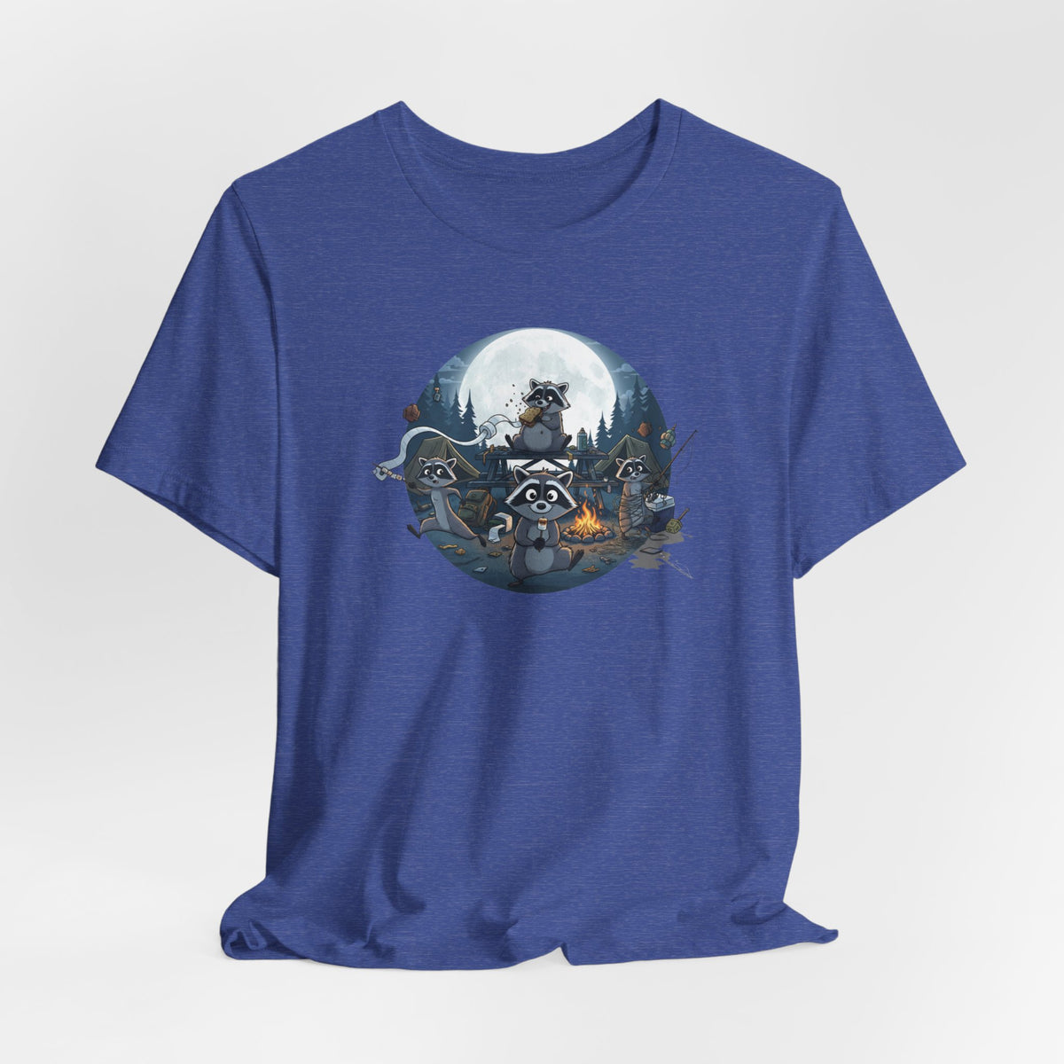 Moonlit Raccoon Camp Raiders Tee — Night Adventure Wildlife T-Shirt