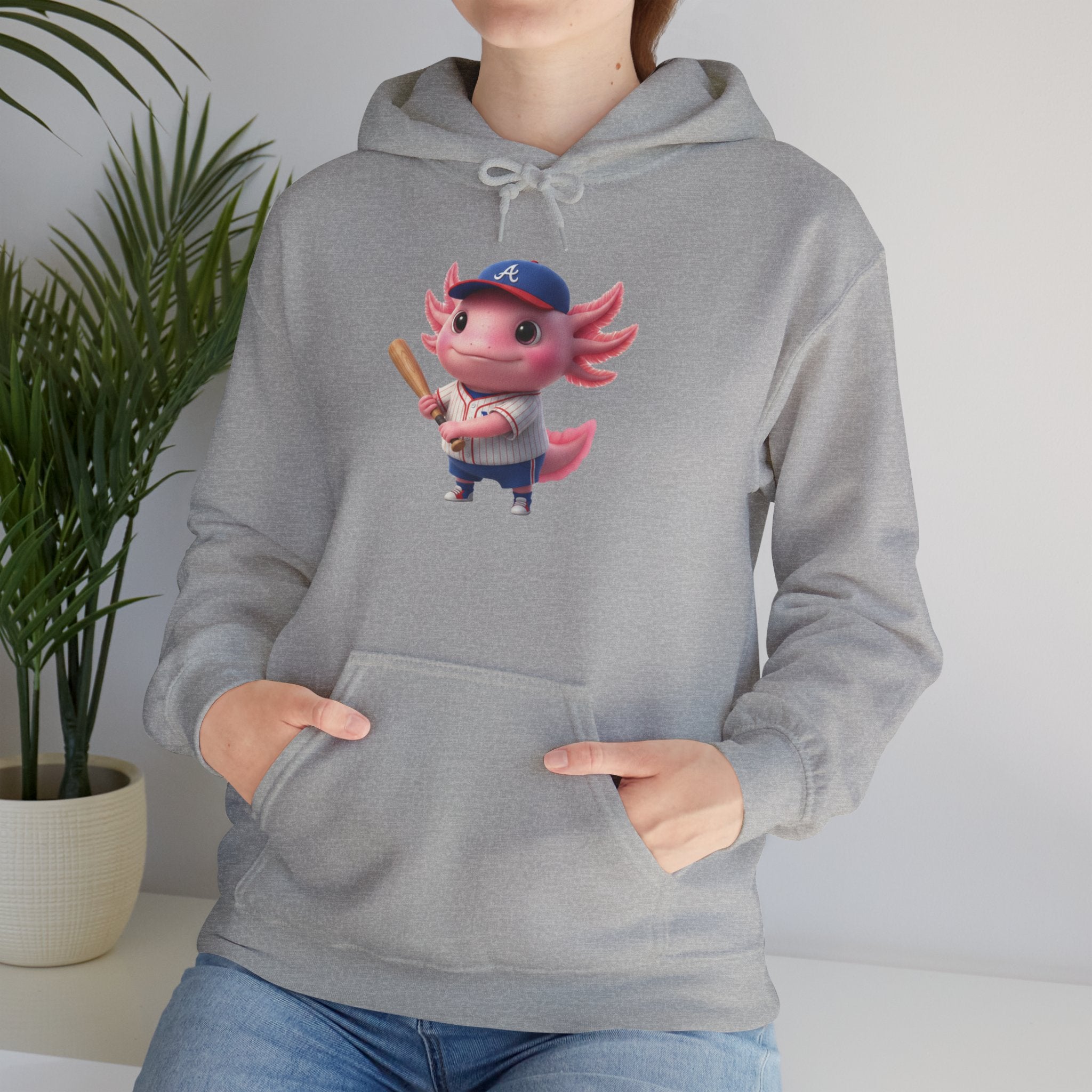 Axolotl Baseball Boy Hoodie — Cute Pink Axolotl Holding Bat Pullover