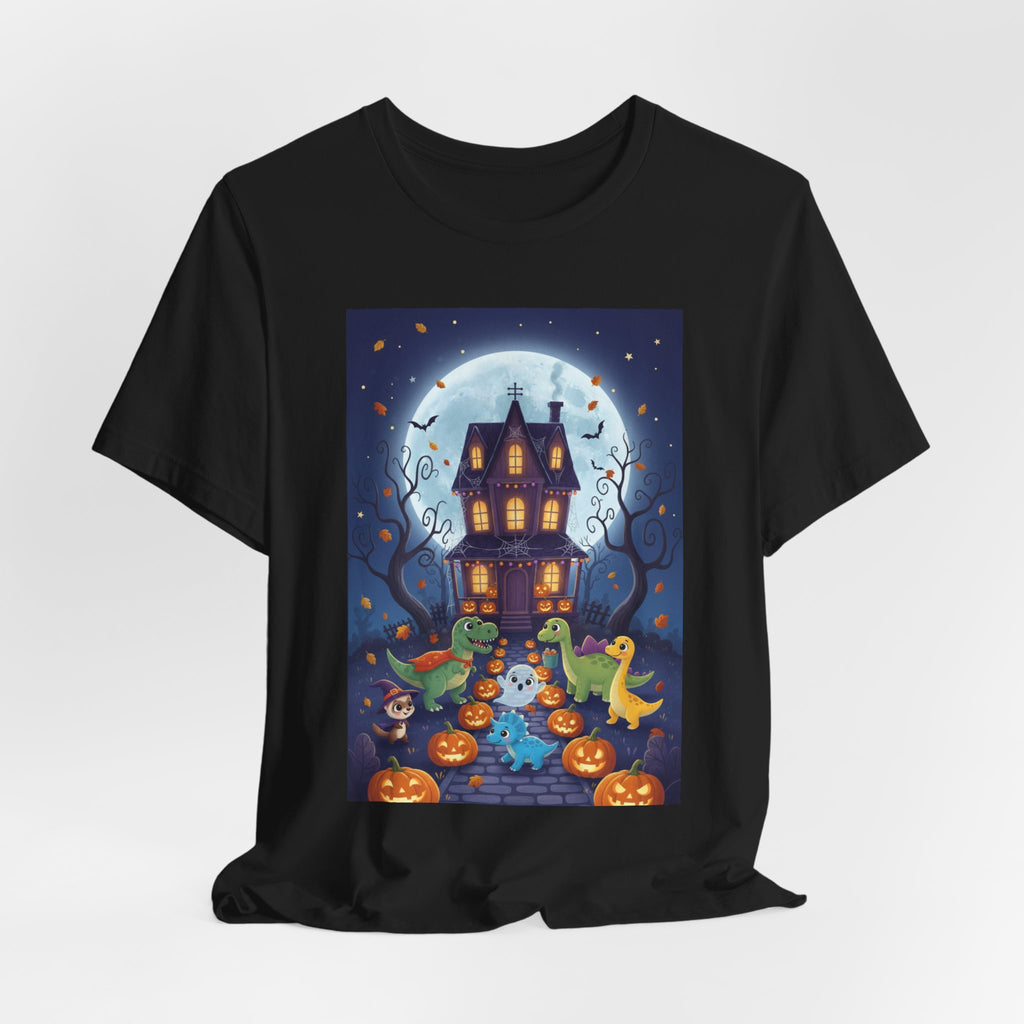 Dinosaurs Halloween Haunted House Tee — Cute Ghosts, Pumpkins & Moonlit Night