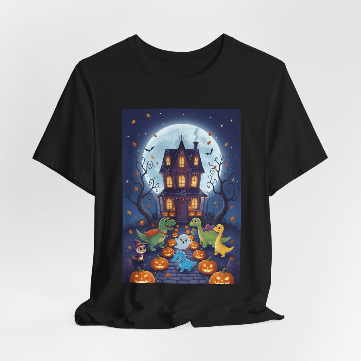 Dinosaurs Halloween Haunted House Tee — Cute Ghosts, Pumpkins & Moonlit Night