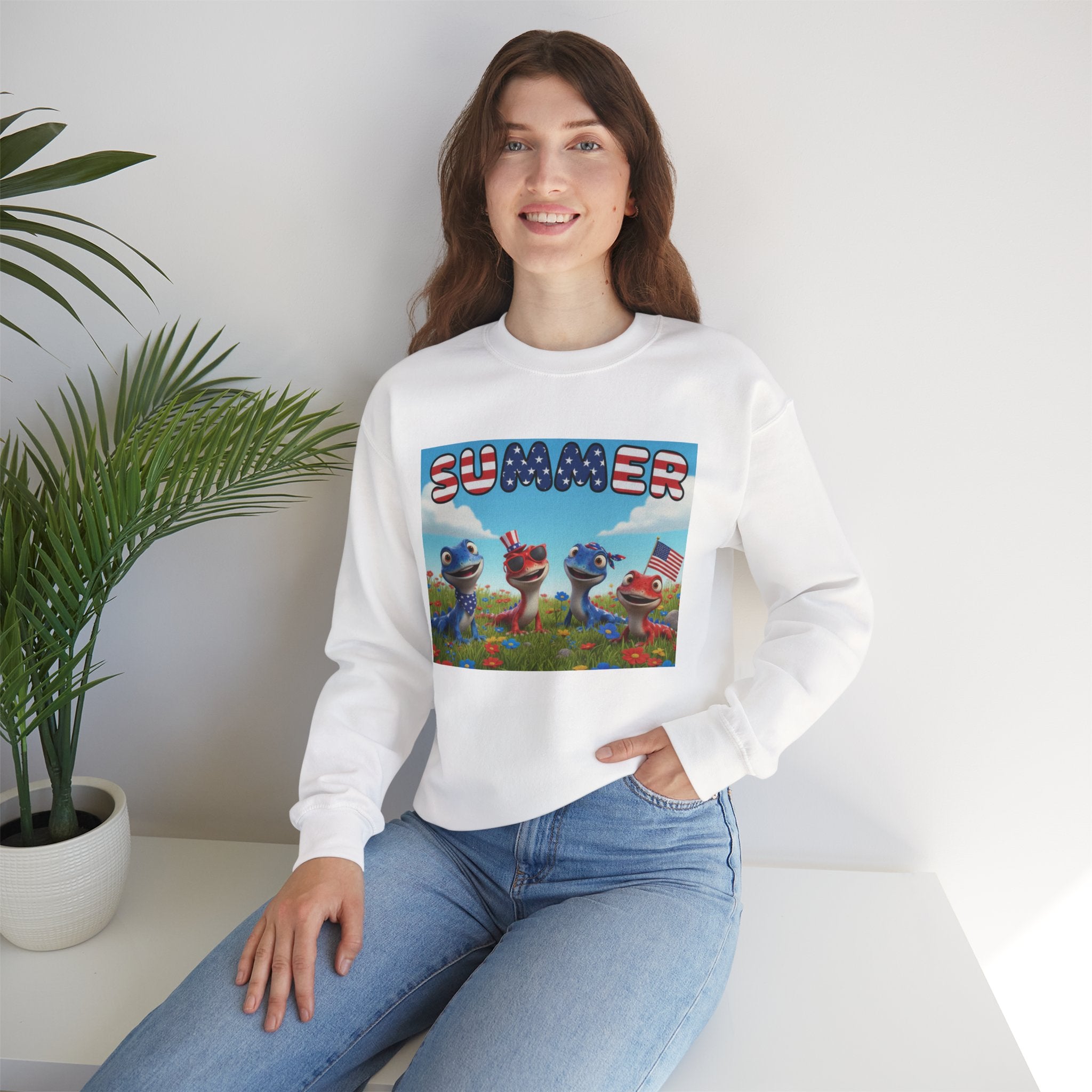 Lizard Meadow Family Summer Crewneck Sweatshirt - Colorful Patriotic Cartoon Sweatshirt