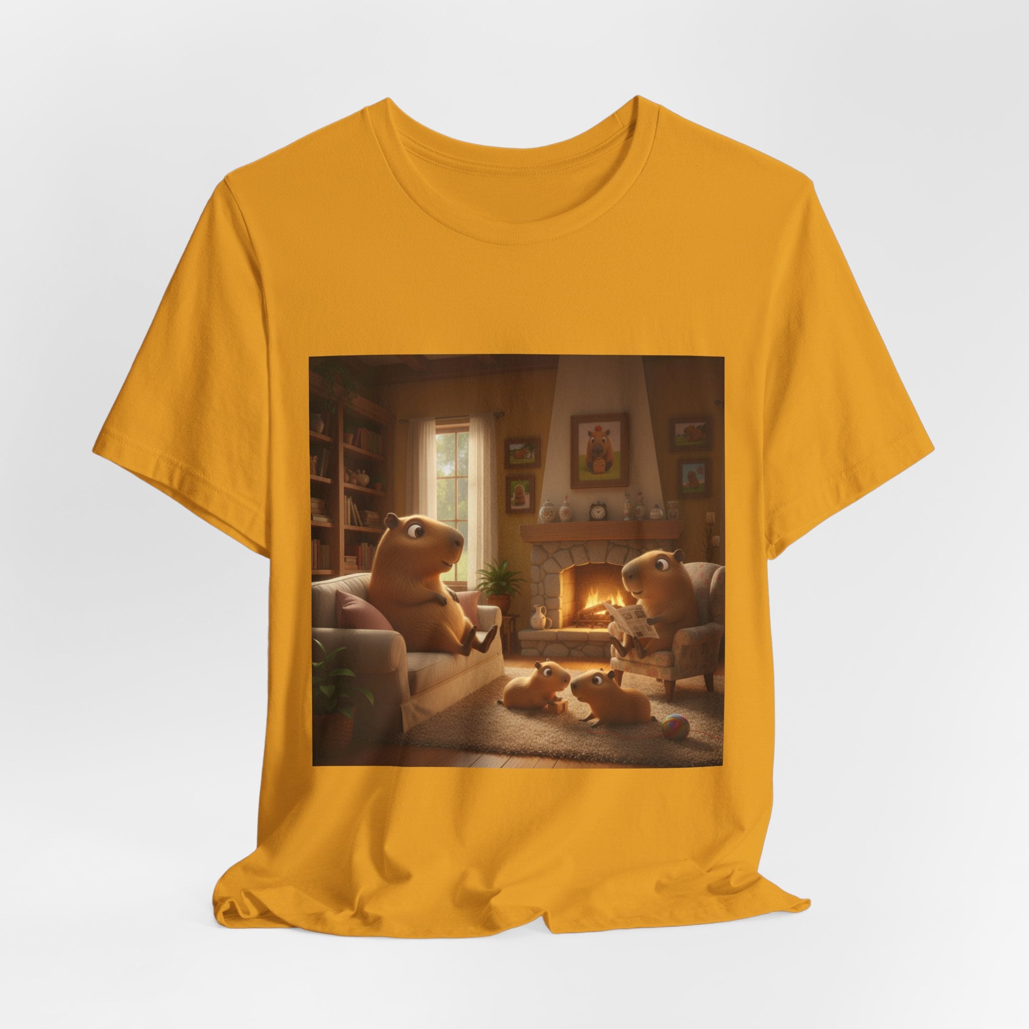 Capybara Family T‑Shirt — Warm Fireplace Family Home Scene Tee