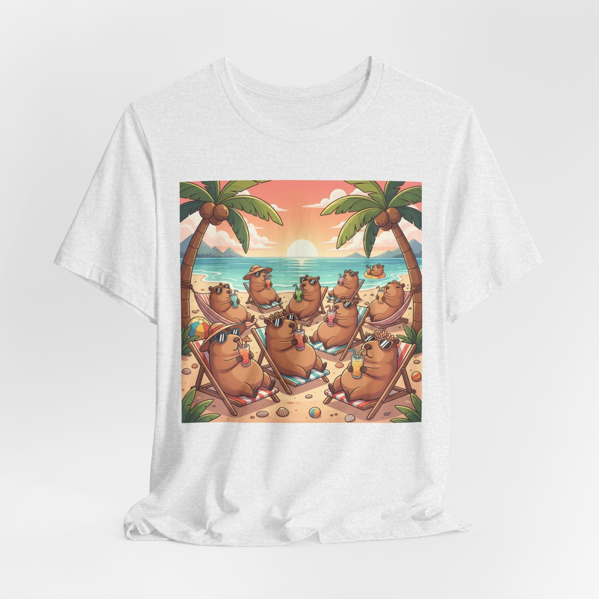 Capybaras on the Beach T-Shirt — Cute Sunset Palm Beachwear