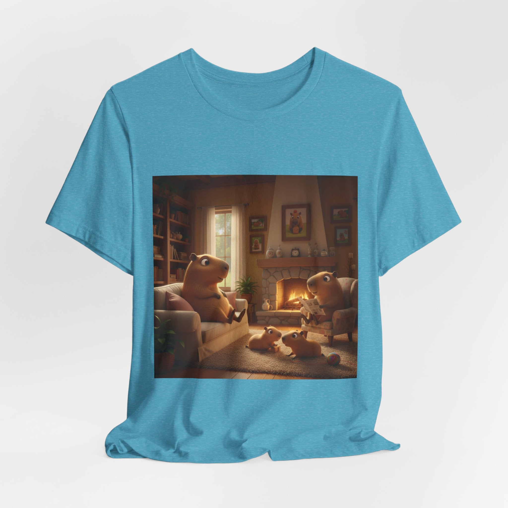 Capybara Family T‑Shirt — Warm Fireplace Family Home Scene Tee