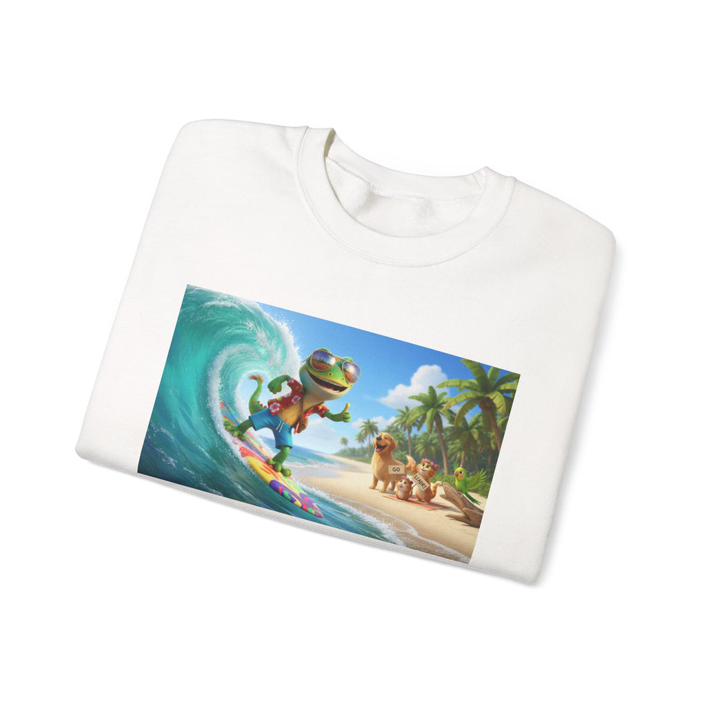 Lizard Surfing Crewneck Sweatshirt — Tropical Beach Surf Graphic