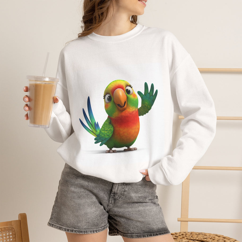 Cute Cartoon Parrot Sweatshirt – Colorful Tropical Bird Crewneck