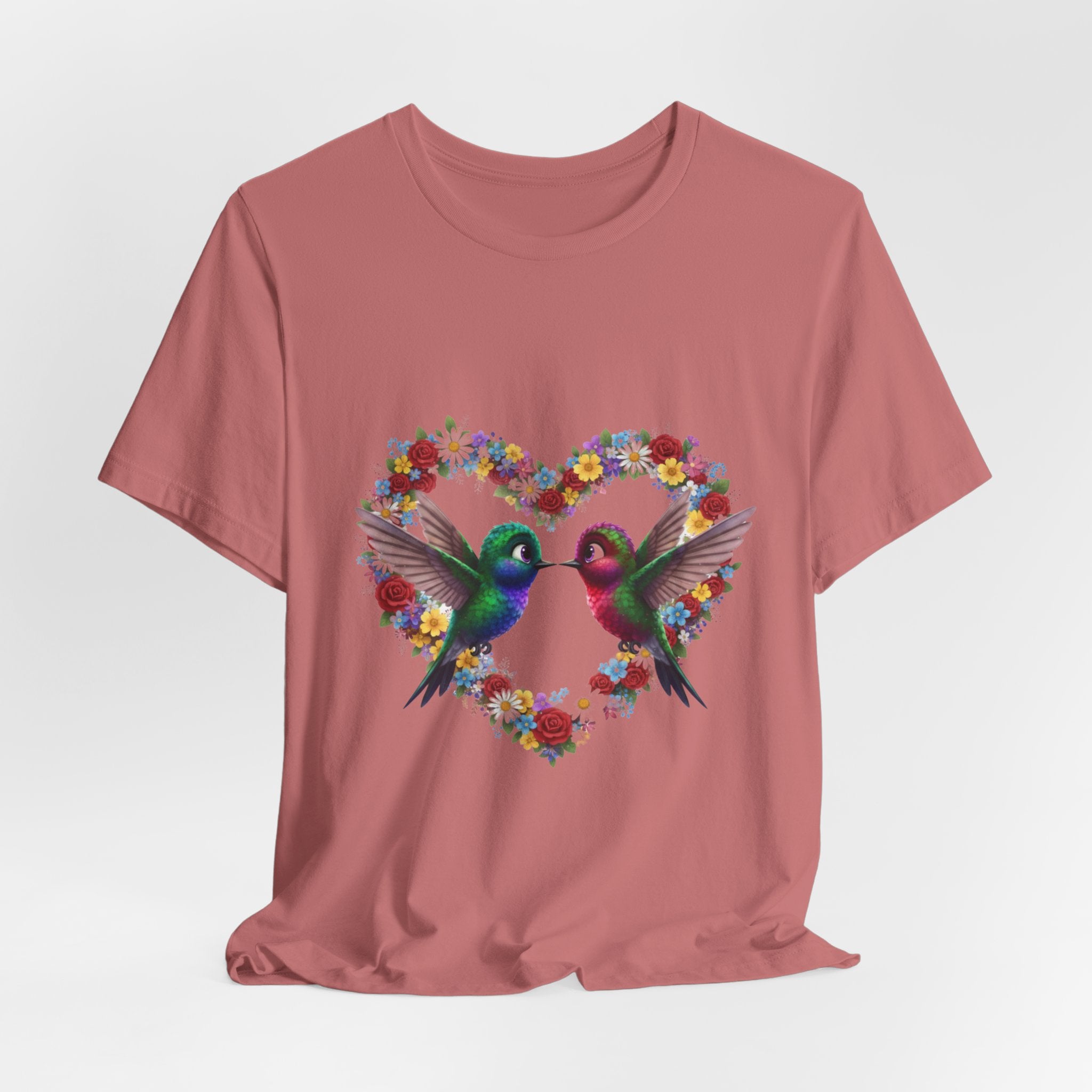 Hummingbird Heart Tee — Floral Love Birds Short Sleeve Shirt