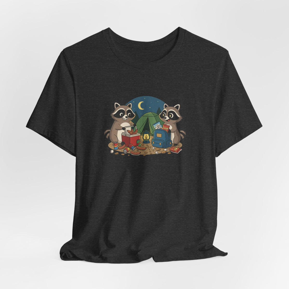 Camping Raccoons Graphic Tee – Cute Nighttime Tent & Marshmallow Illustration