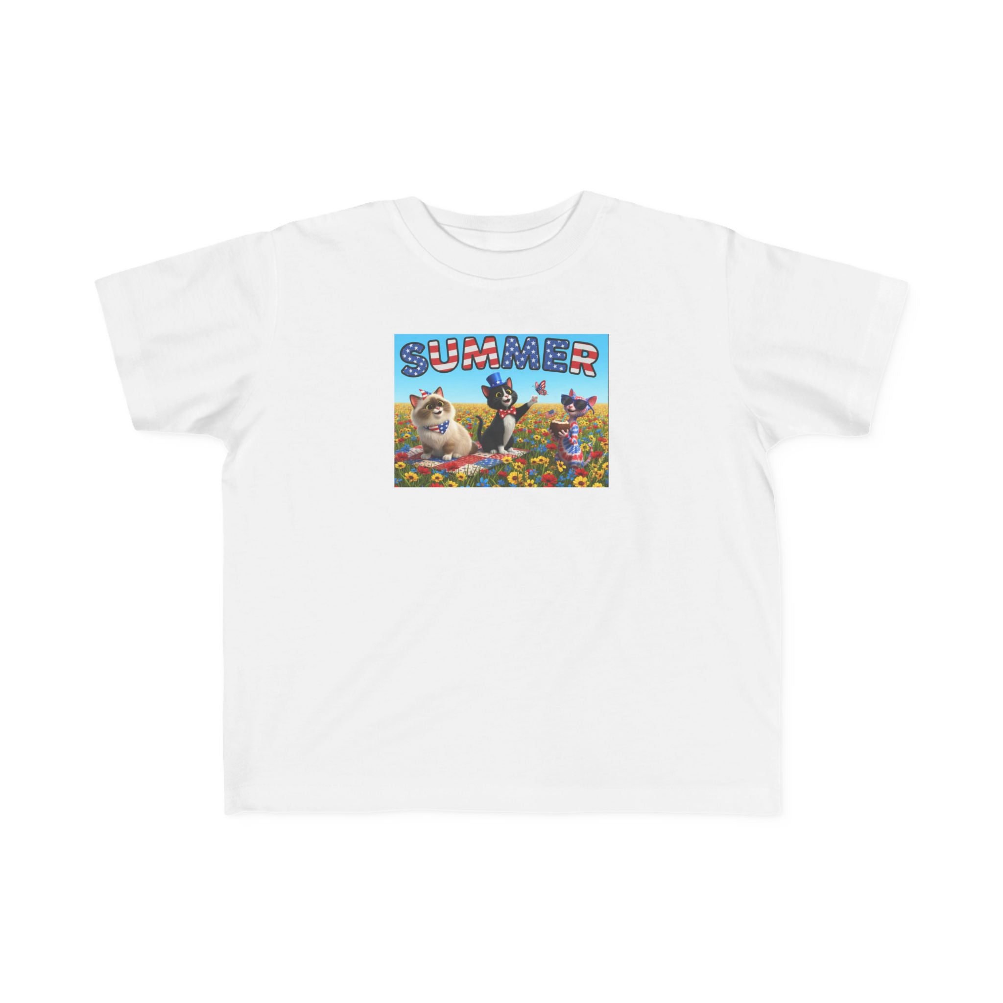 Kitties Summer Patriotic Cats Toddler Tee - Colorful Floral Playtime Graphic Shirt